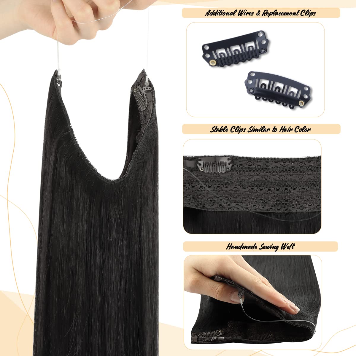 16 Inch 95g Jet Black Straight Remy Human Hair Extensions with Invisible Fish Wire - Real Human Hair Weft for Natural Look - Perfect for Daily Wear, Parties & Special Occasions