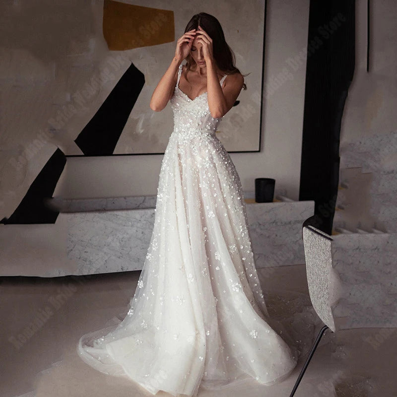 Elegant Sleeveless A-Line Tulle Wedding Dress | Princess Style Floor-Length Gown for Brides | Perfect for Church, Beach & Garden Weddings