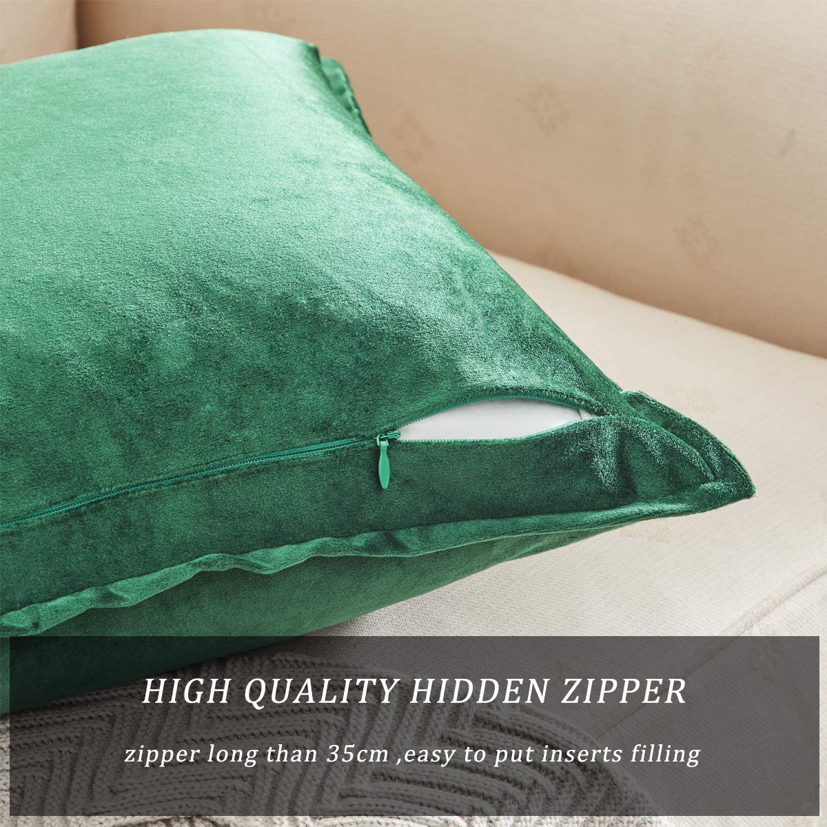 Luxury Green Velvet Decorative Throw Pillow Covers 24x24 Inches - 2 Pack Square Couch Sofa Pillow Cases for Living Room, Bedroom & Home Decor