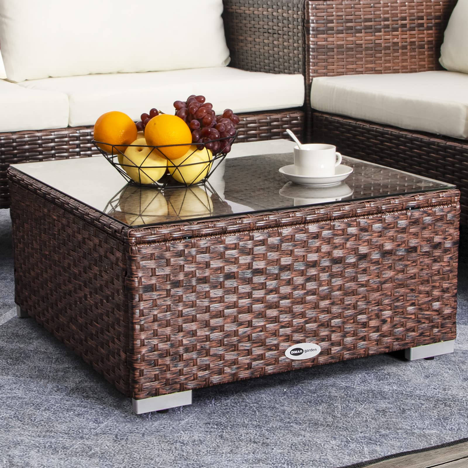 DIMAR GARDEN Outdoor Coffee Table - 25.2 Inch Wicker Patio Side Table with Tempered Glass Top, Weather-Resistant Mixed Brown - Perfect for Poolside, Garden, and Patio Furniture Sets
