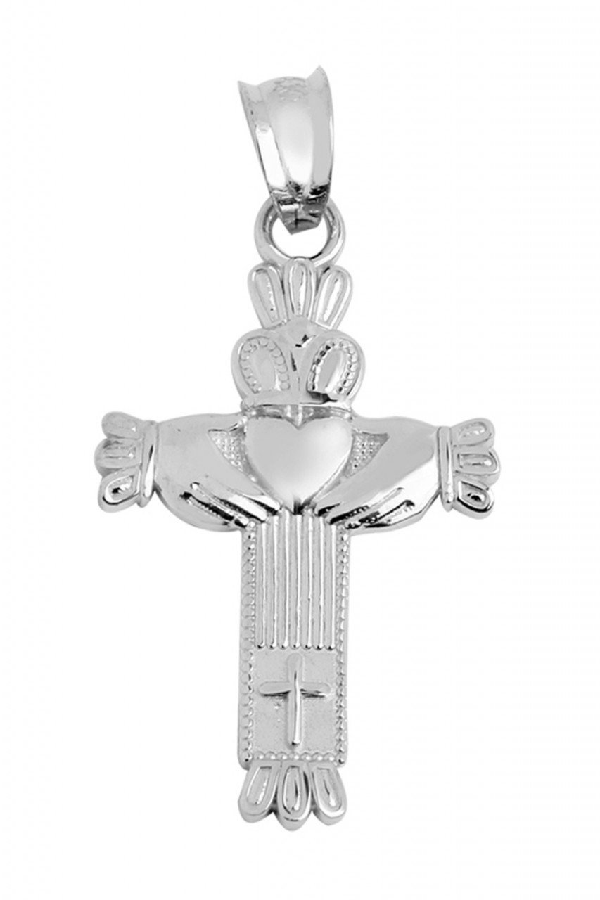 10k White Gold Claddagh Cross Pendant Necklace for Gifts & Weddings