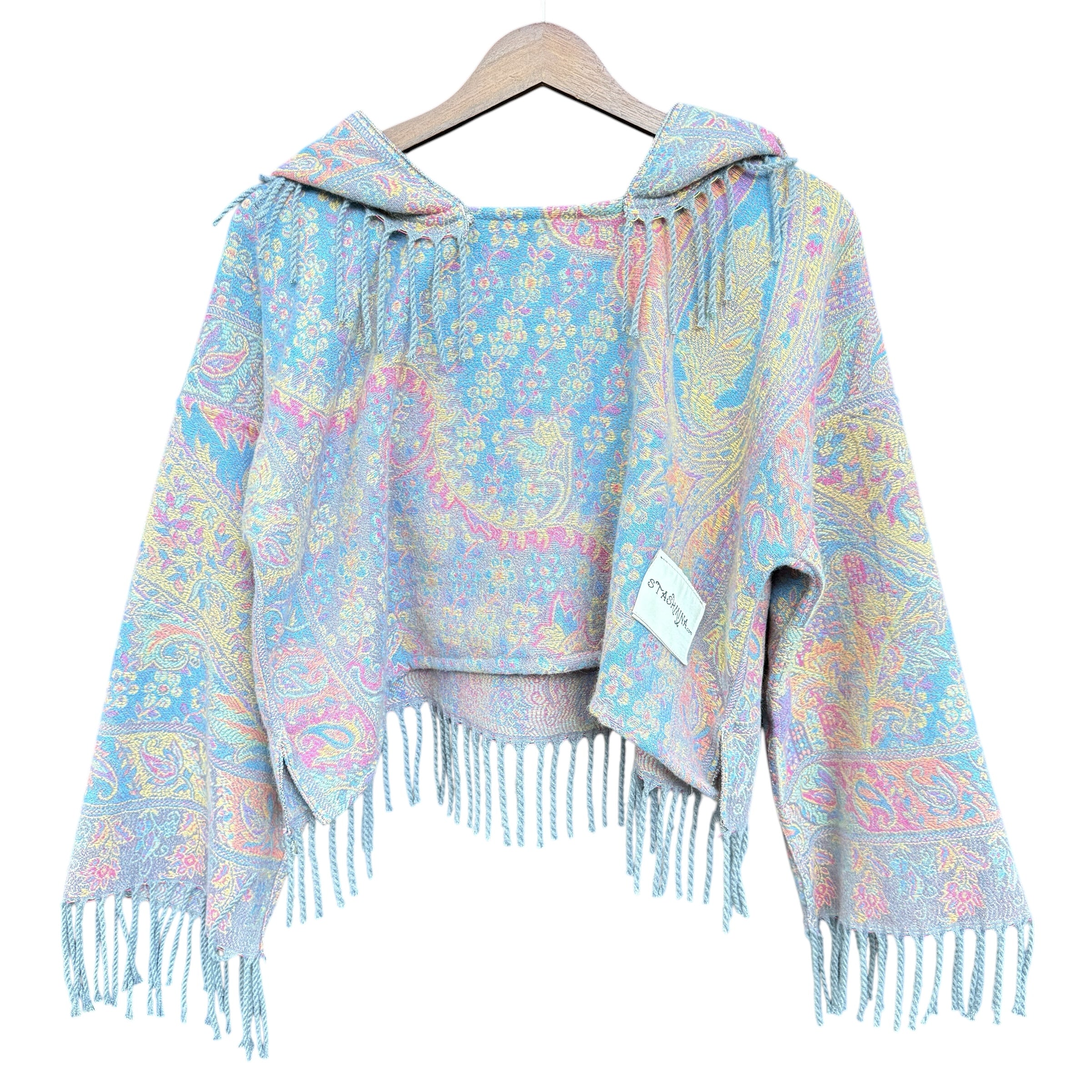 Vintage Blue Plush Pashmina Long Sleeve Crop Top - Soft & Cozy Women's Fashion for Fall/Winter, Perfect for Casual Outings & Date Nights