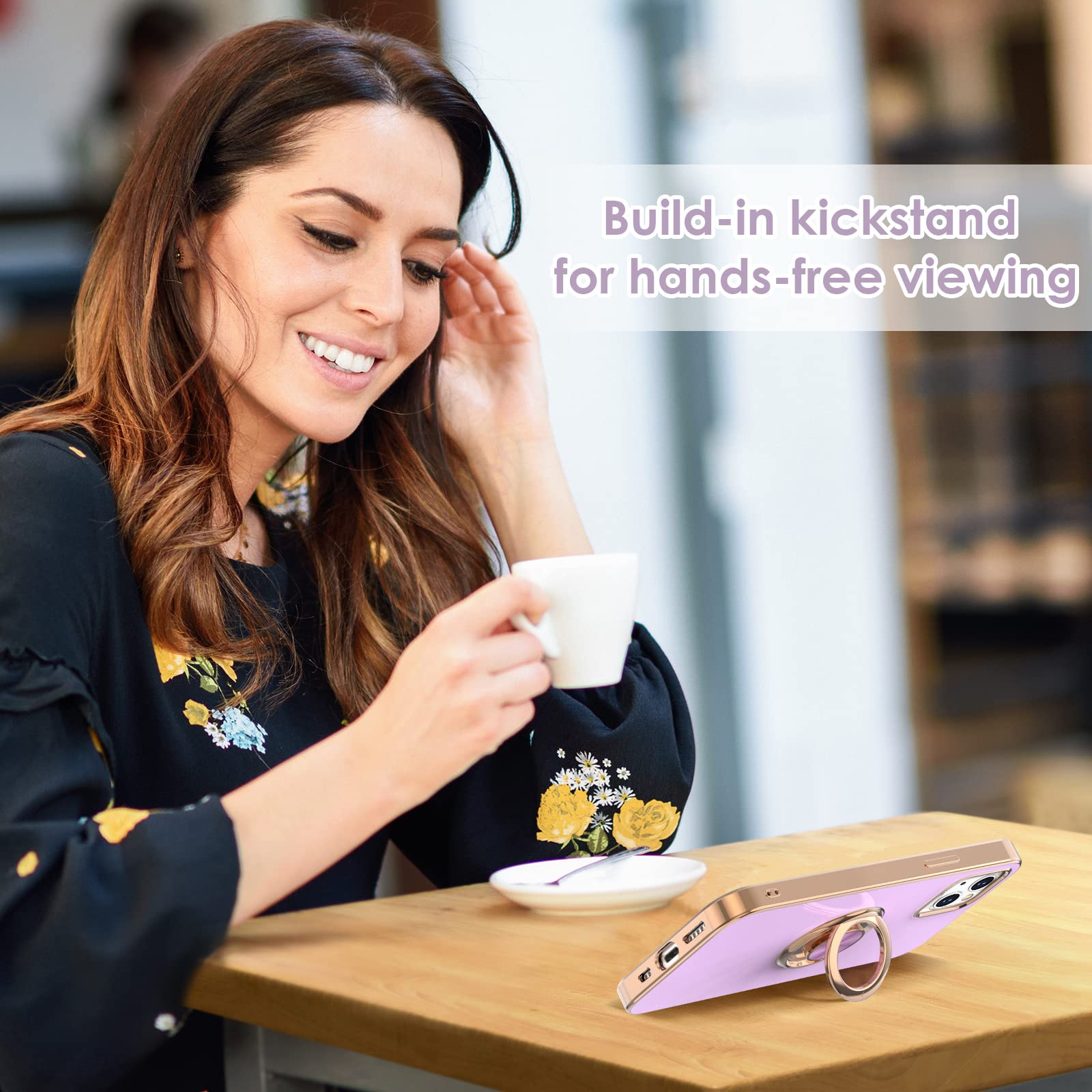 360° Rotatable Magnetic Ring Stand Case for iPhone 13 - Rose Gold Plated Edge, Slim Flexible TPU Cover with Car Mount Support (Purple) | Perfect for Hands-Free Viewing, Secure Grip & On-the-Go Convenience