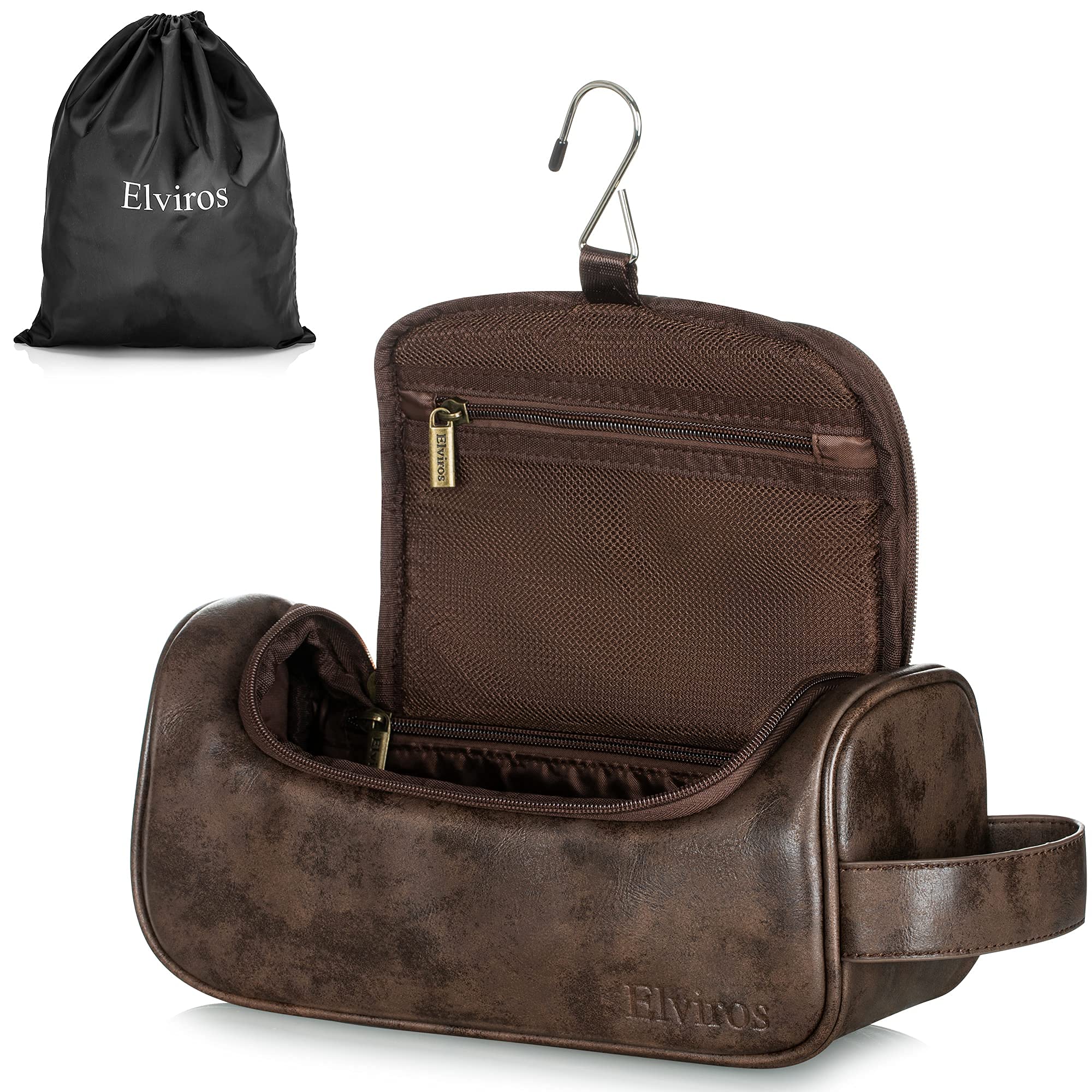Elviros Leather Toiletry Bag for Men & Women - Large Waterproof Travel Organizer with Hanging Hook, Shaving Bathroom Bag & Drawstring Shoe Pouch (Coffee) - Perfect for Business Trips, Gym, Camping & Vacation Essentials