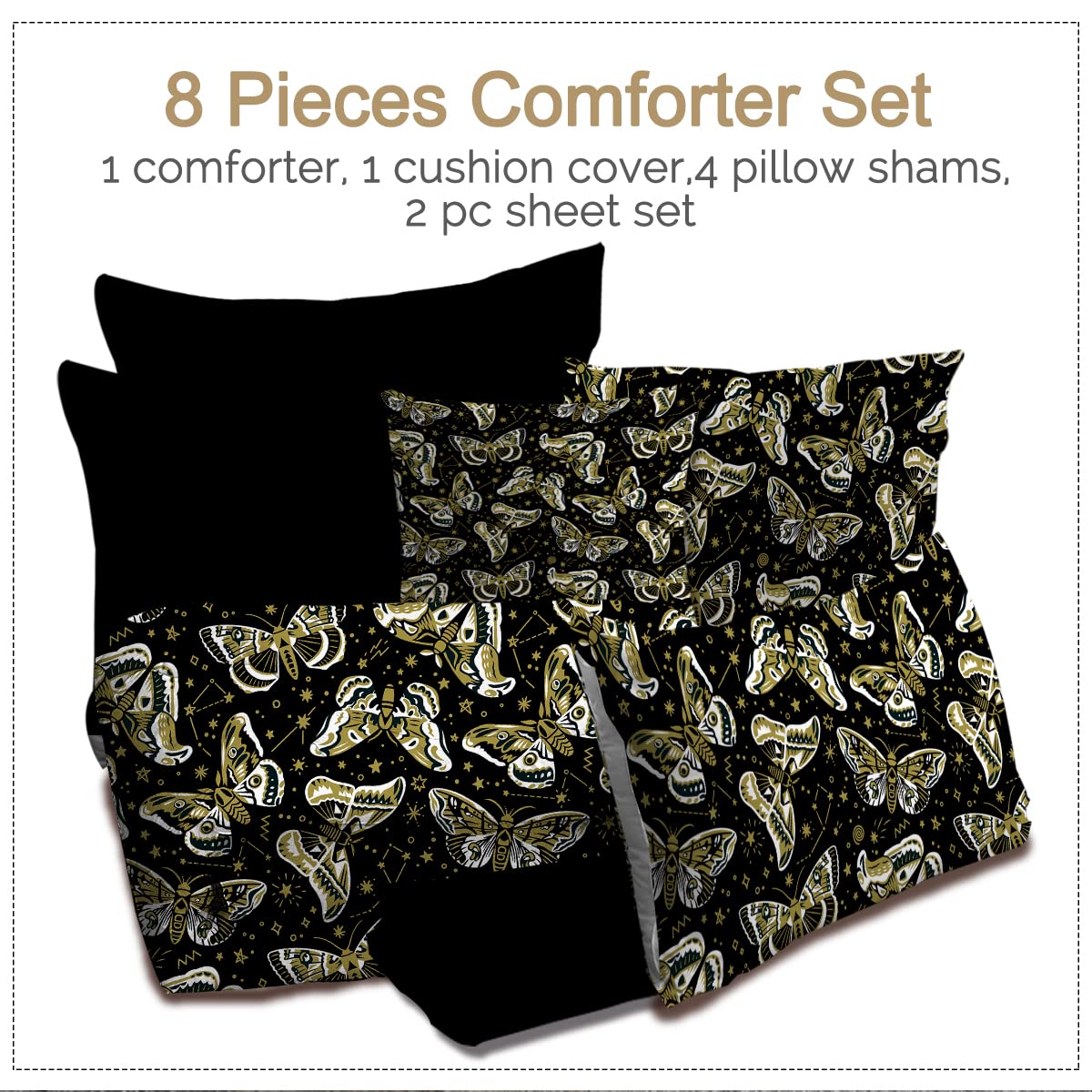 BlessLiving 8-Piece Monarch Butterfly Comforter Set - Queen Size Bedding with Gold & Black Design, Includes 1 Comforter, 2 Pillow Shams, 1 Flat Sheet, 1 Fitted Sheet, 1 Cushion Cover & 2 Pillowcases - Perfect for Bohemian Bedroom Decor & Butterfly Theme Rooms
