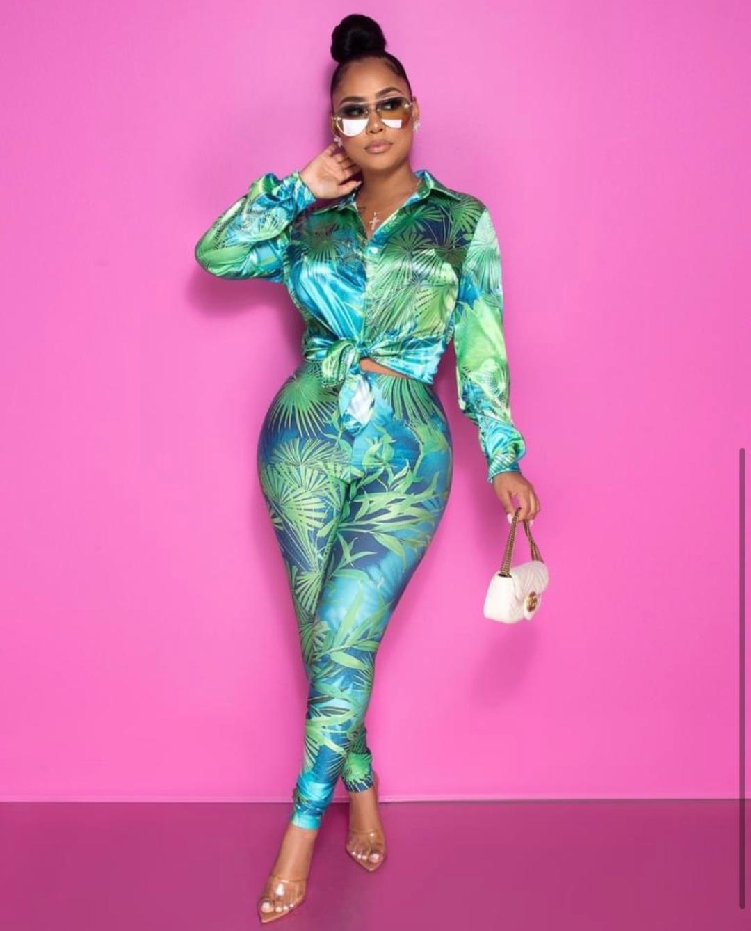 Sienna Tropical Pant Set in Green - Stylish Summer Outfit for Women | Beachwear, Vacation & Casual Wear