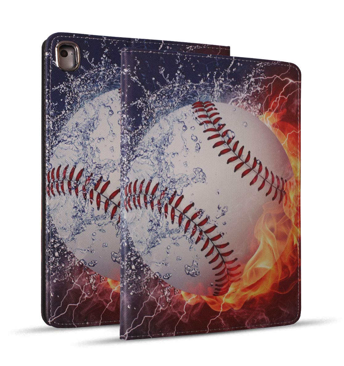 Premium Leather iPad Case for iPad 9.7 (2017/2018), iPad Air 2, iPad Air & iPad Pro 9.7 - Protective Smart Cover with Auto Wake/Sleep & Adjustable Stand - Compatible with iPad 6th/5th Generation - Burning Baseball Fire and Water Design - Perfect for Work, Travel & Home Entertainment