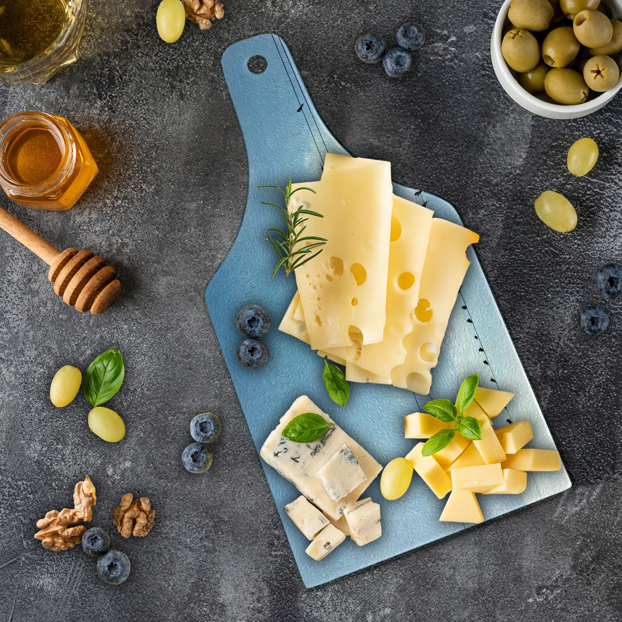 Ambesonne Decorative Tempered Glass Cutting Board - Swallows on Power Cord Spring Design, Wine Bottle Shape in Pale Blue, Black & White | Perfect for Serving Charcuterie, Cheese & Entertaining