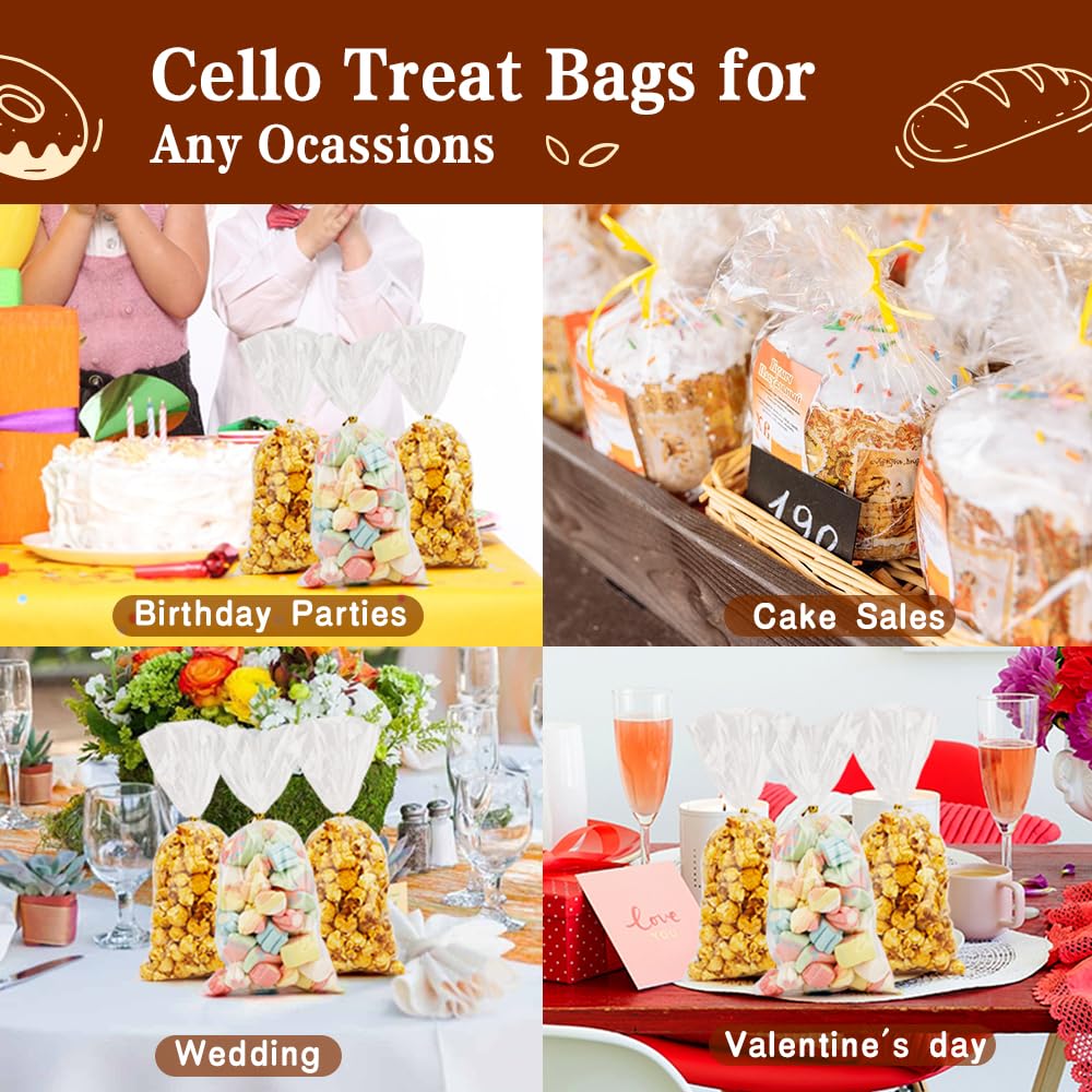 200 PCS Clear Cellophane Treat Bags 6x10 Inches with Gold Twist Ties - Perfect for Candy, Cookies, Party Favors, Wedding Favors, Birthday Gifts & Halloween Treats | Food Safe & Reusable Gift Packaging
