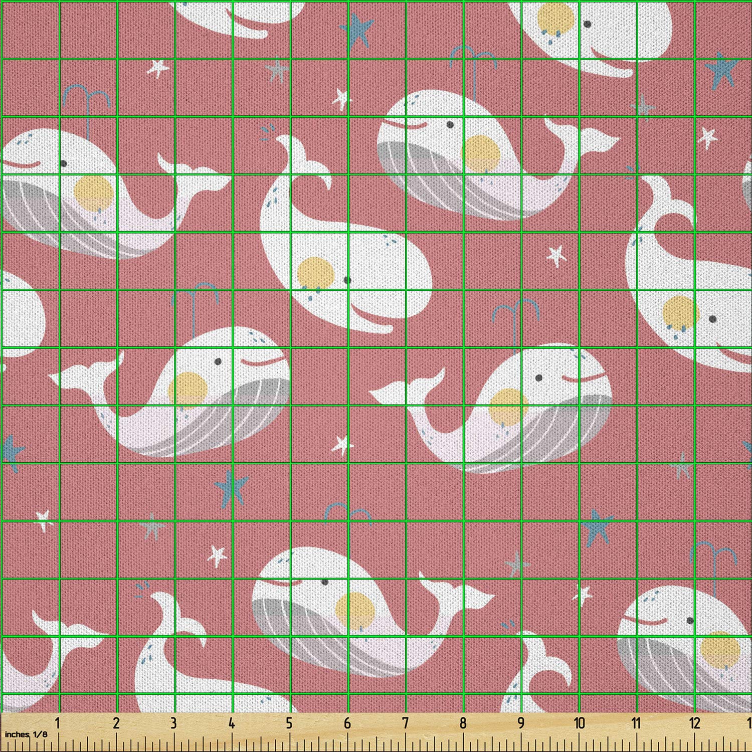 Ambesonne Whale Fabric by The Yard - Cheerful Sea Life Pattern with Whales & Stars on Pink Backdrop | Soft Microfiber Material for DIY Arts, Crafts, Home Decor & Upholstery (10 Yards, White Coral Teal) | Perfect for Nursery Decor, Quilting Projects & Ocean-Themed Crafting