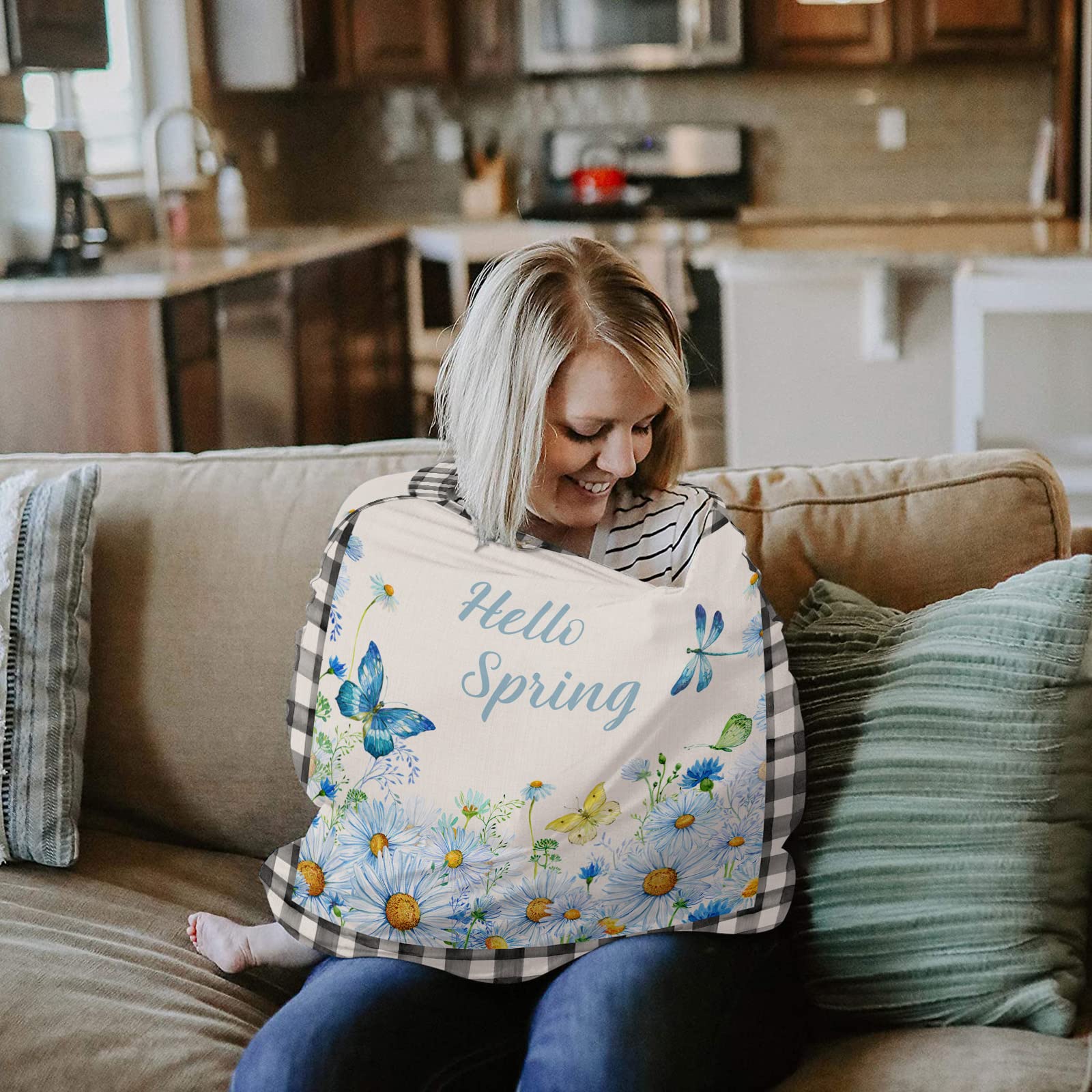 Breastfeeding Cover Scarf for Baby - Soft Stretchy Nursing Poncho with Farmhouse Daisy Floral Plaid & Buffalo Check Patterns - Multi-Use as Car Seat Cover, Stroller Cover & Privacy Nursing Blanket (Black/White) - Perfect for Nursing Moms On-The-Go, Shopping & Outdoor Activities