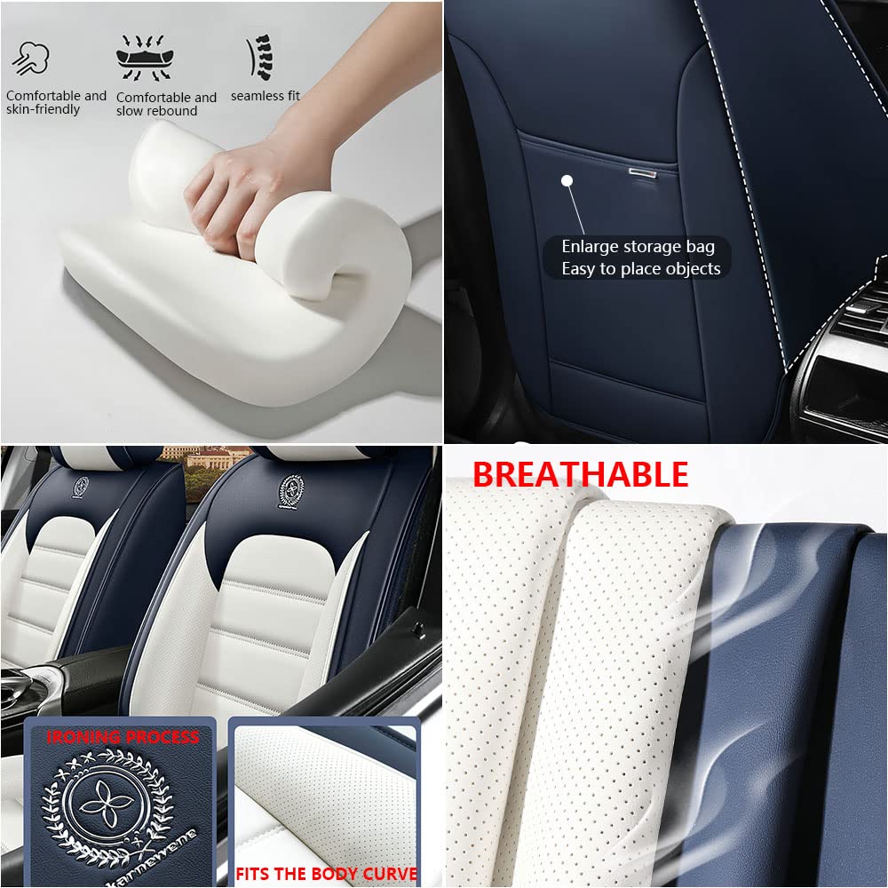 Premium Waterproof PU Leather Car Seat Covers for Volkswagen Atlas Cross Sport 2020-2025 - Soft Breathable Seat Protectors with Storage Pockets & Comfort Pillows (Blue & White, Front Set) - Perfect for Road Trips, Daily Commutes & Family Protection