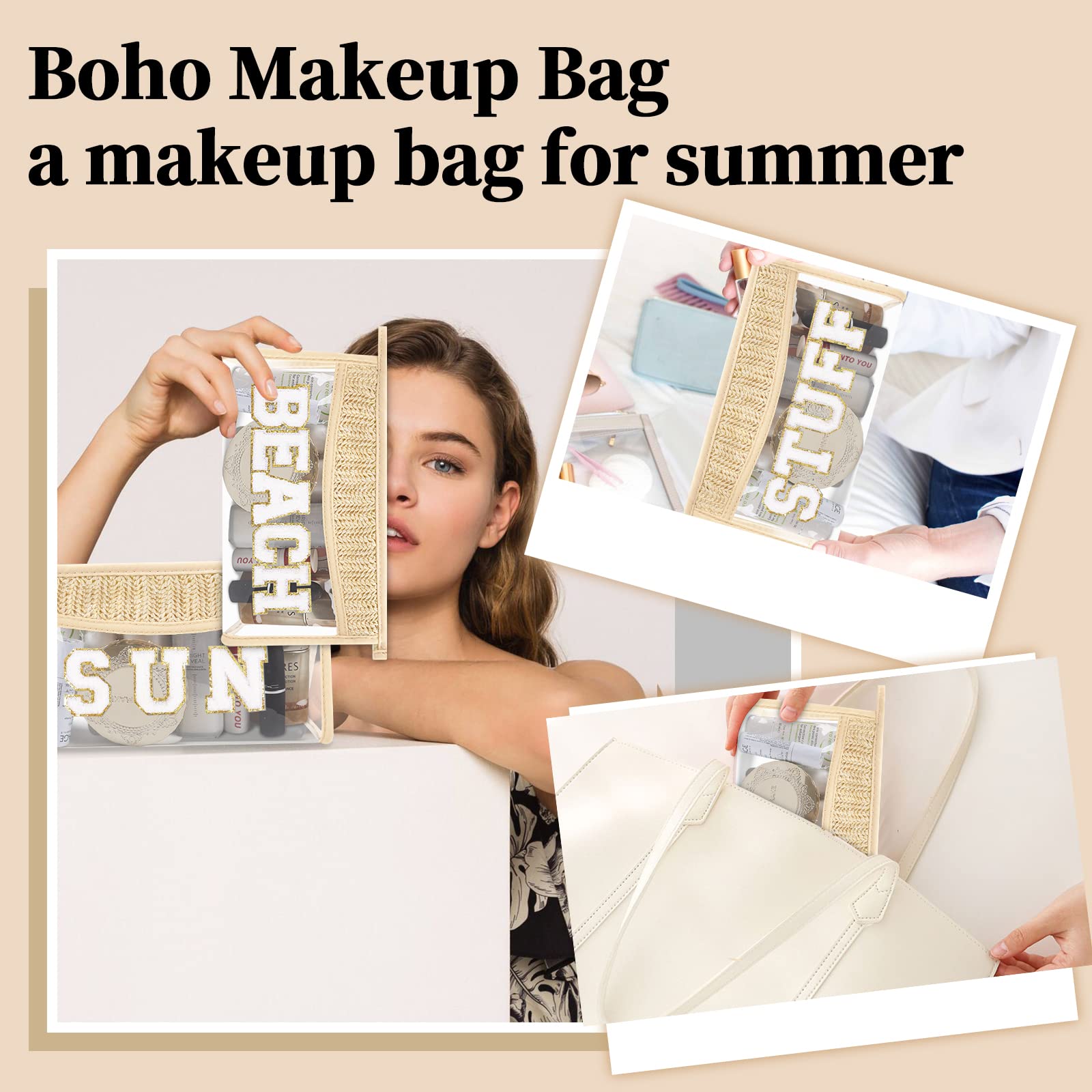 2 PCS Small Boho Straw Clear Makeup Bags for Women & Girls | Zipper Cosmetic Bag with Chenille Varsity Letter Patch | Preppy Cute Toiletry Pouch | Trendy Organizer Storage Bag for Beach, Travel, Gym & Daily Essentials