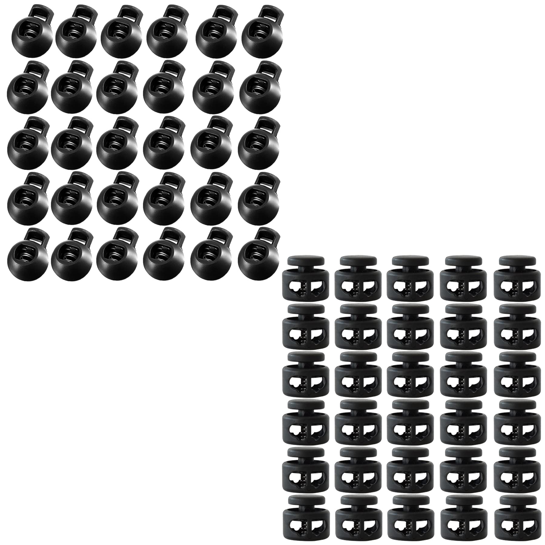 J.CARP 30Pcs Ball Shape Plastic Cord Locks & 30Pcs Heavy Duty Black Cord Locks for Backpacks, Hoodies, Jackets, and Outdoor Gear - Secure Drawstring Adjusters for Bags, Clothing, and Camping Equipment