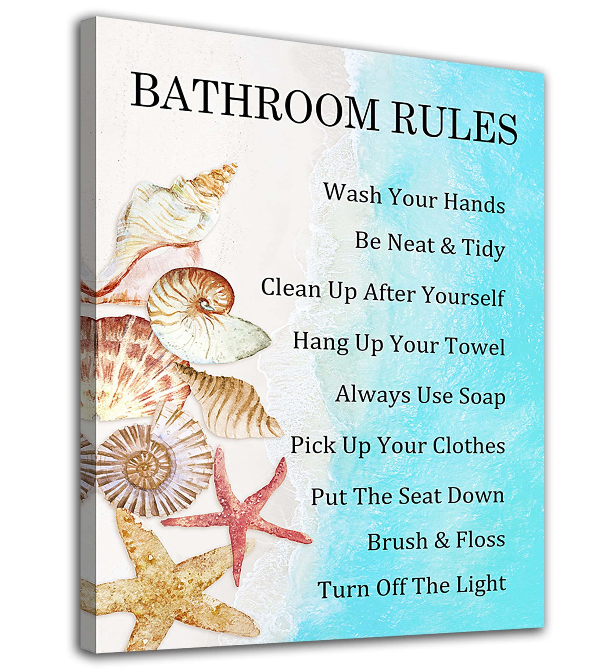 Blue Sea Wave Bathroom Wall Art - Framed Beach Canvas Decor with Starfish & Shells, Ready to Hang 12x16 Inches - Perfect for Coastal Bathroom Decor & Nautical Theme Home Decoration