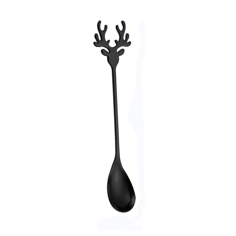 Deer Head Stainless Steel Coffee Spoon - Christmas Elk Design Dessert Stirring Spoon for Sugar, Tea & Coffee - Elegant Kitchen Tableware & Decor (Black) - Perfect for Holiday Parties, Gifts & Home Decor