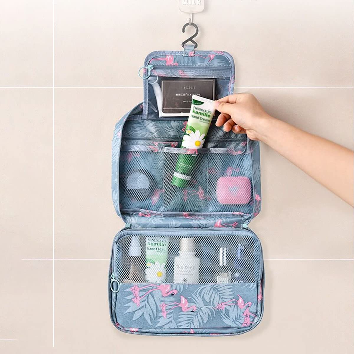 YYGOJOY Large Waterproof Hanging Toiletry Bag - Travel Cosmetic Organizer with Multiple Pockets for Makeup, Toiletries & Essentials - Perfect for Business Trips, Gym, Vacation & Daily Use (Grey Lemon)
