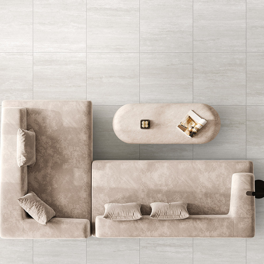 Premium 600x600mm Matt White Travertine Look Porcelain Tile - Durable Flooring for Living Room, Bathroom & Kitchen Renovation