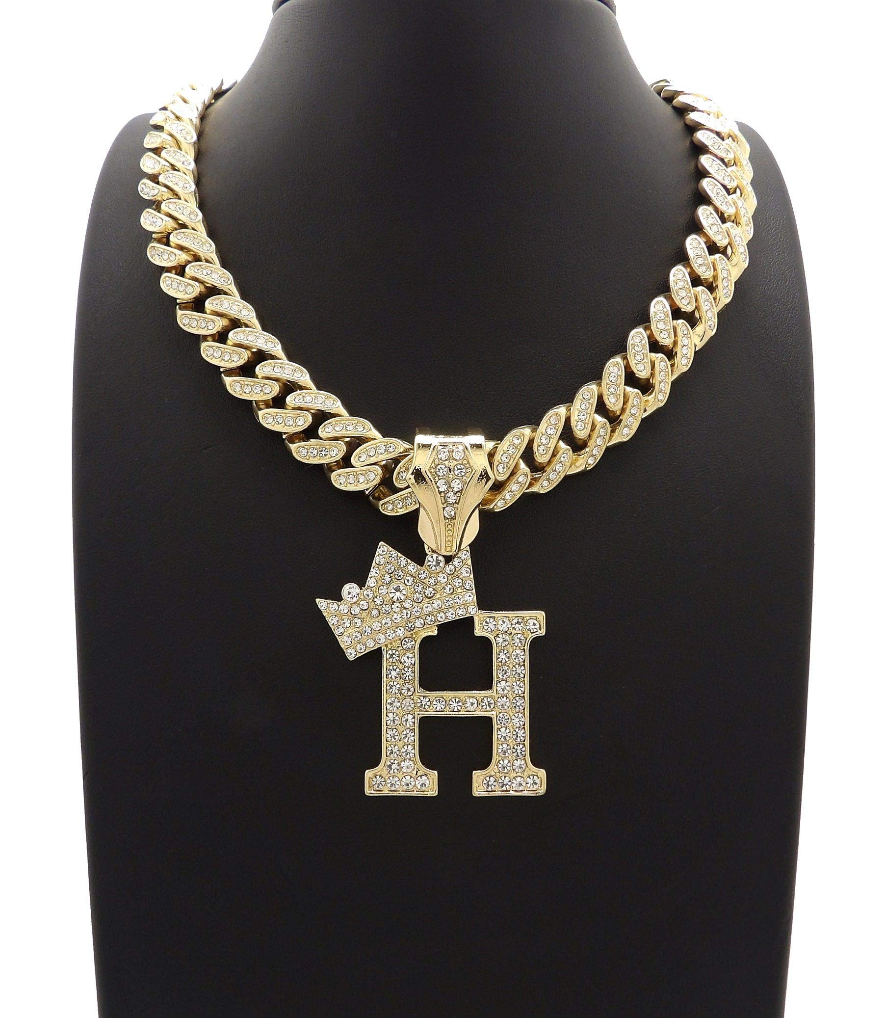 NYFASHION101 Iced Out Miami Cuban Chain Necklace with 12mm Stone Stud Crown Initial Pendant - Perfect for Hip Hop Jewelry, Streetwear Fashion & Gift Giving