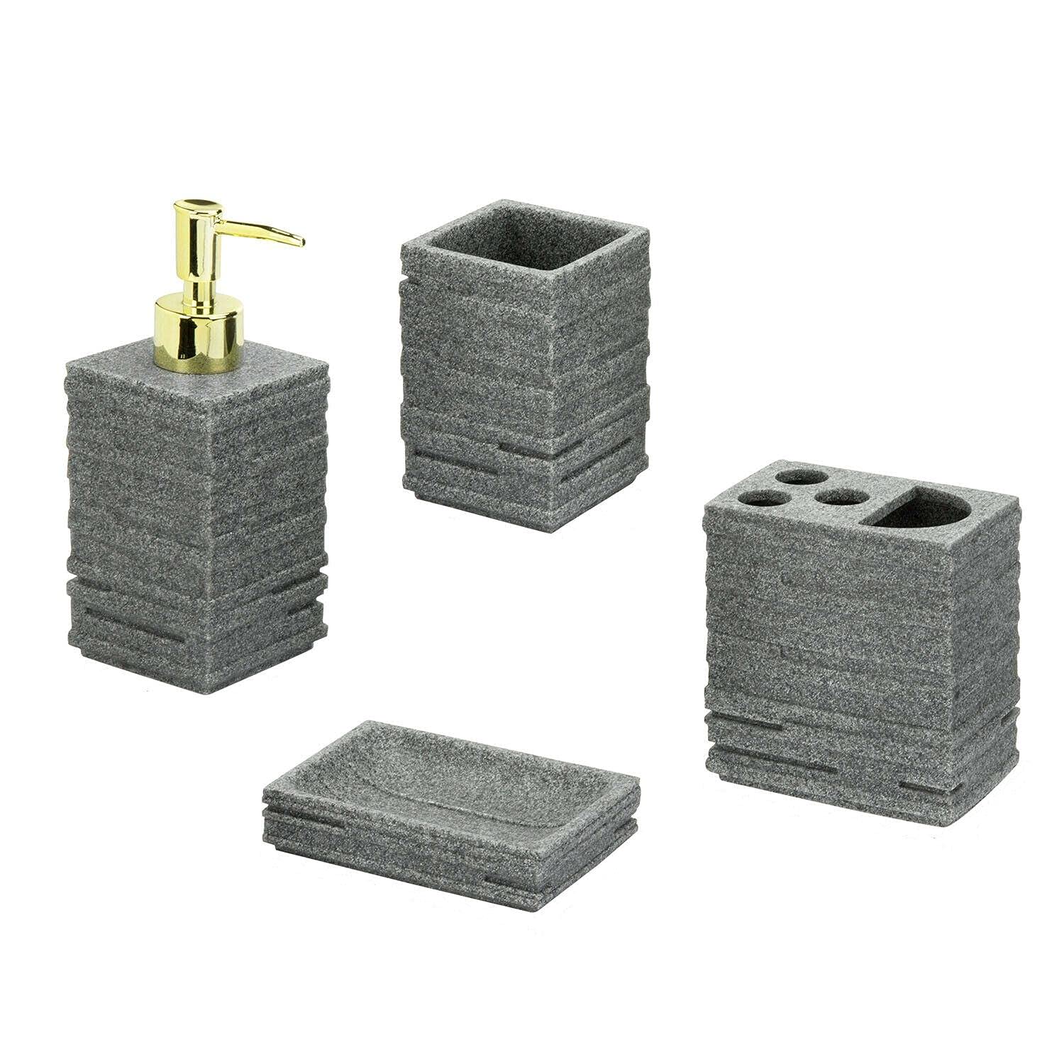 Europder 4-Piece Gray Faux Stone Bathroom Accessories Set - Soap Dispenser, Toothbrush Holder, Tumbler & Tray - Modern Waterproof Bathroom Decor for Home, Hotel & Spa