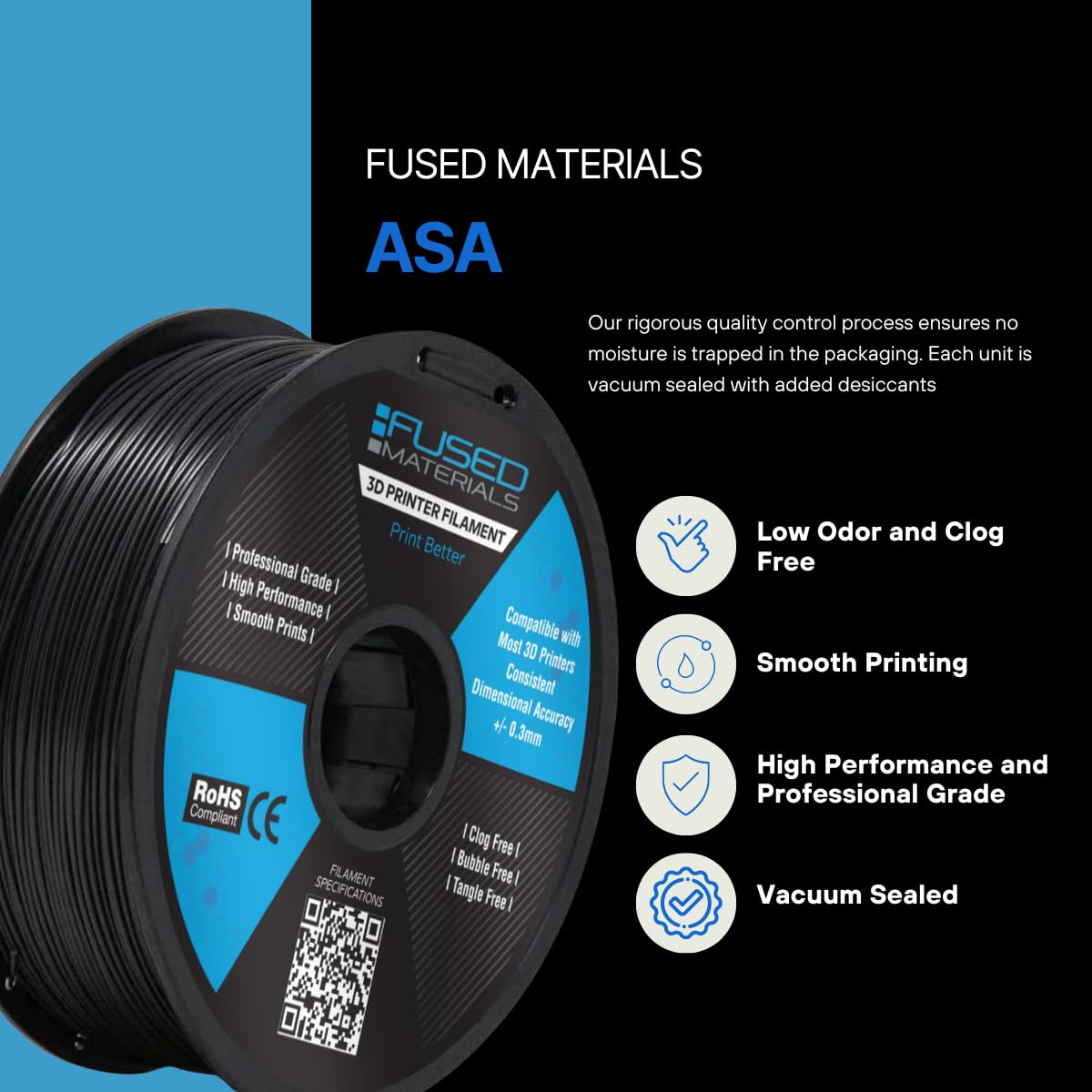 Premium Black ASA 3D Printer Filament - 1kg Spool, 1.75mm Diameter, High Precision +/- 0.03mm, UV & Weather Resistant - Ideal for Outdoor 3D Printing, Automotive Parts & Functional Prototypes