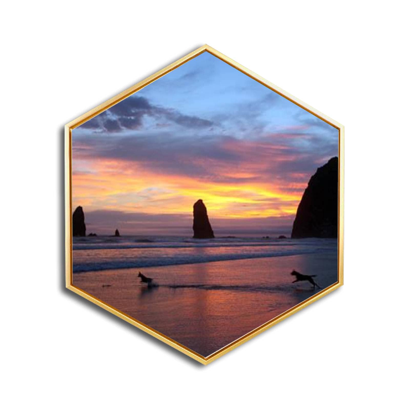 Golden Framed Canvas Wall Art - Oregon Coastline Sea Stacks at Cannon Beach | Minimalist Modern Giclee Print | Hexagon Wall Decor for Home & Office | Ready to Hang | Coastal Living Room & Beach House Decor