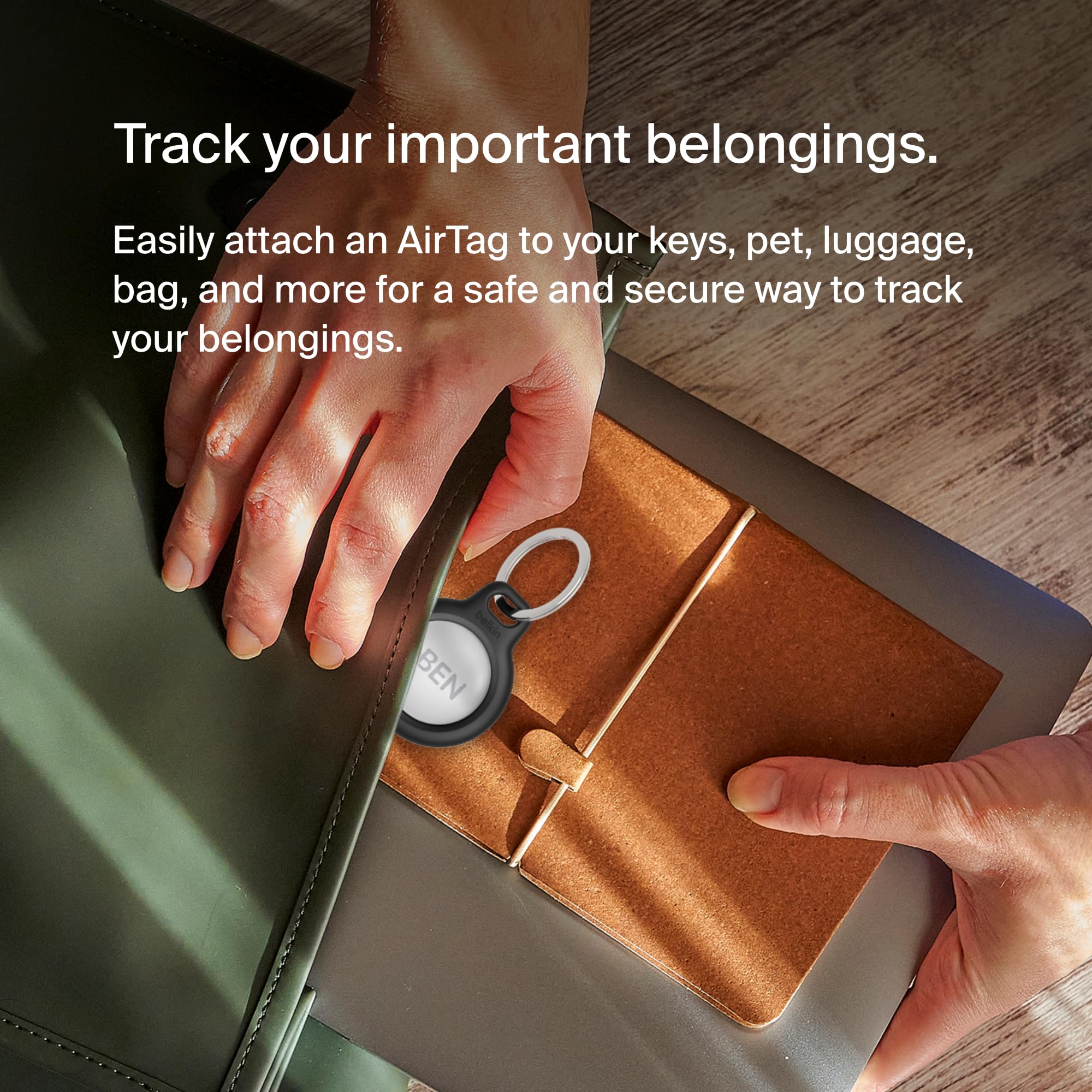 Belkin Apple AirTag Holder with Key Ring - Durable Scratch-Resistant Case, Open Face & Raised Edges - Protective AirTag Keychain for Keys, Pets, Luggage, Backpacks (2-Pack, Black) | Perfect for Travel, Daily Use & Pet Tracking