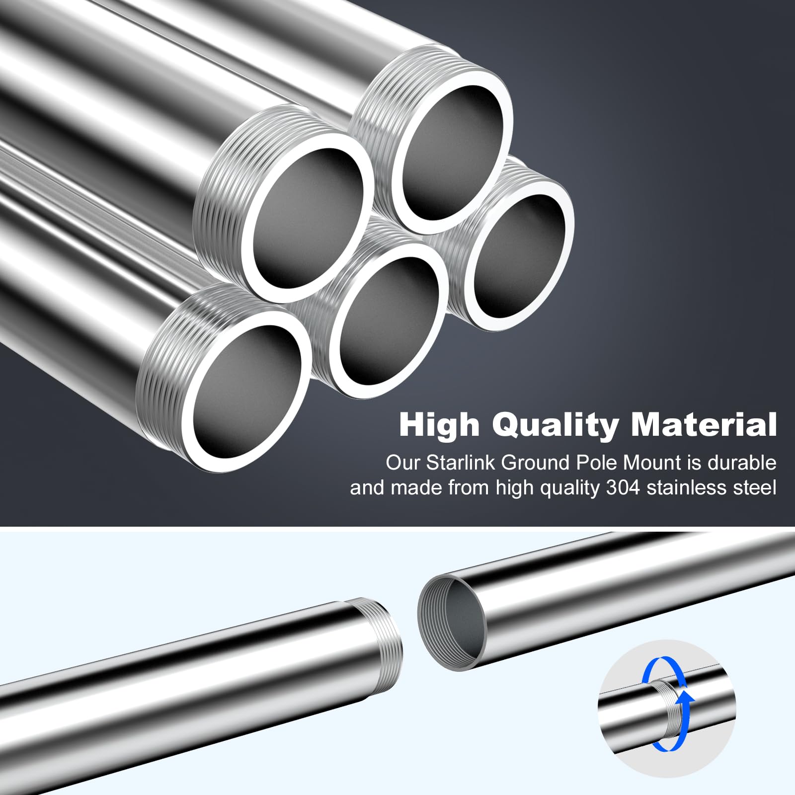 Starlink Gen 3 Pole Mount Kit - Stainless Steel Ground Mounting System with 5 Poles | No Dig Anchor & Aluminum Alloy Pipe Adapter | Perfect for Yard, Lawn & Outdoor Satellite Internet Installation