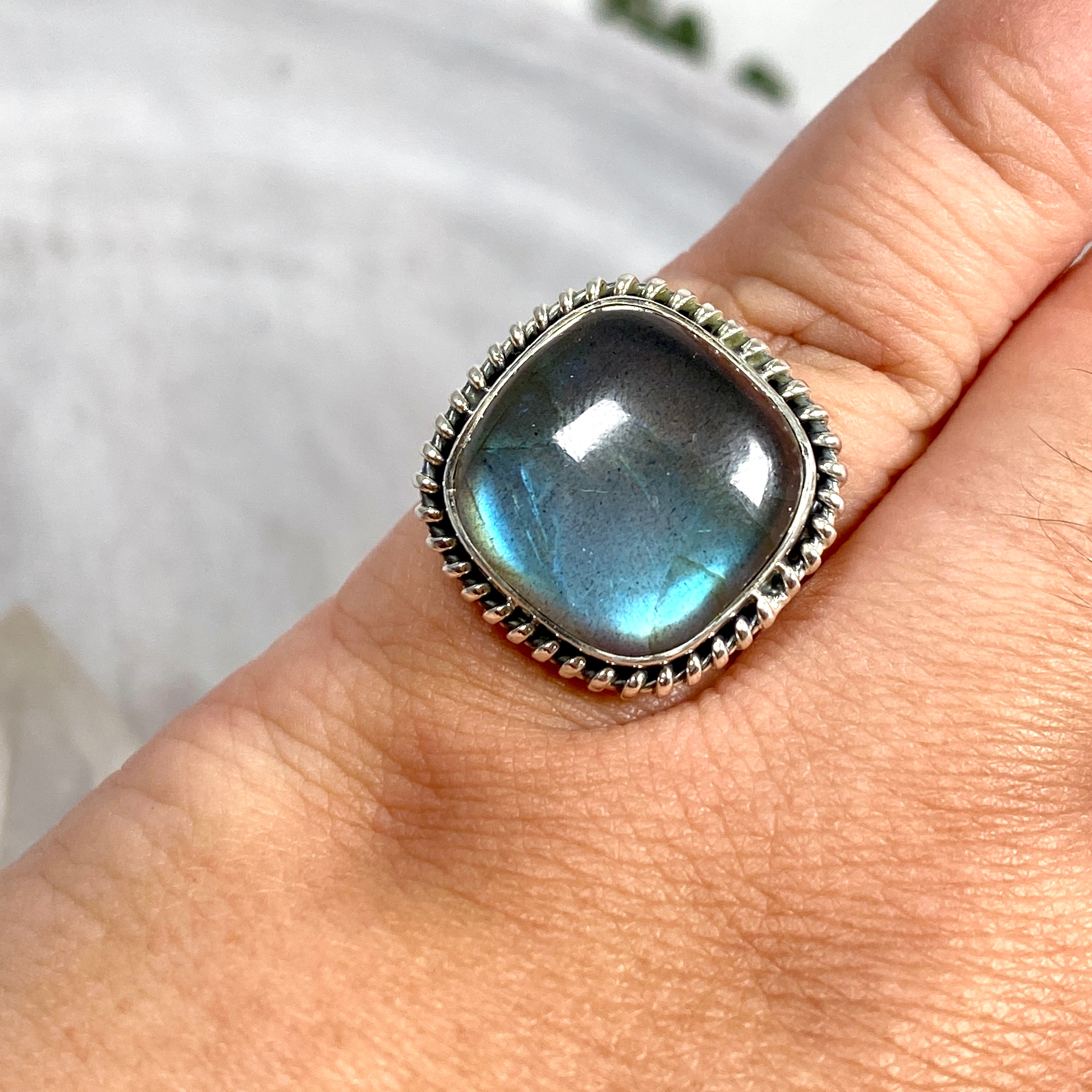 Labradorite Square Cabochon Filigree Ring - Size 9 - KRGJ2738 - Elegant Handmade Jewelry for Women, Perfect for Weddings, Parties & Special Occasions