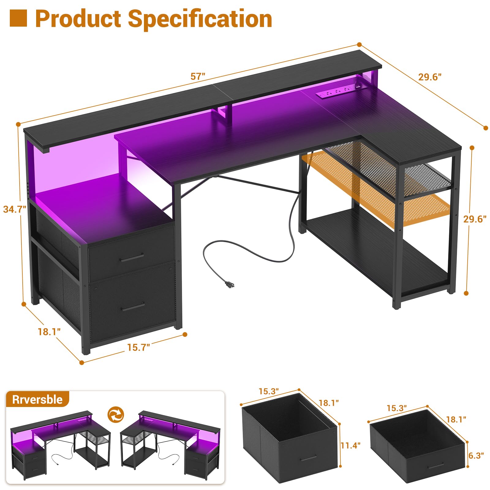Aheaplus Reversible L-Shaped Computer Desk with File Drawer, Power Outlet & LED Strip - Home Office Gaming Desk with Monitor Shelf & Storage Shelves, Black - Perfect for Small Spaces, Work from Home & PC Gaming Setups