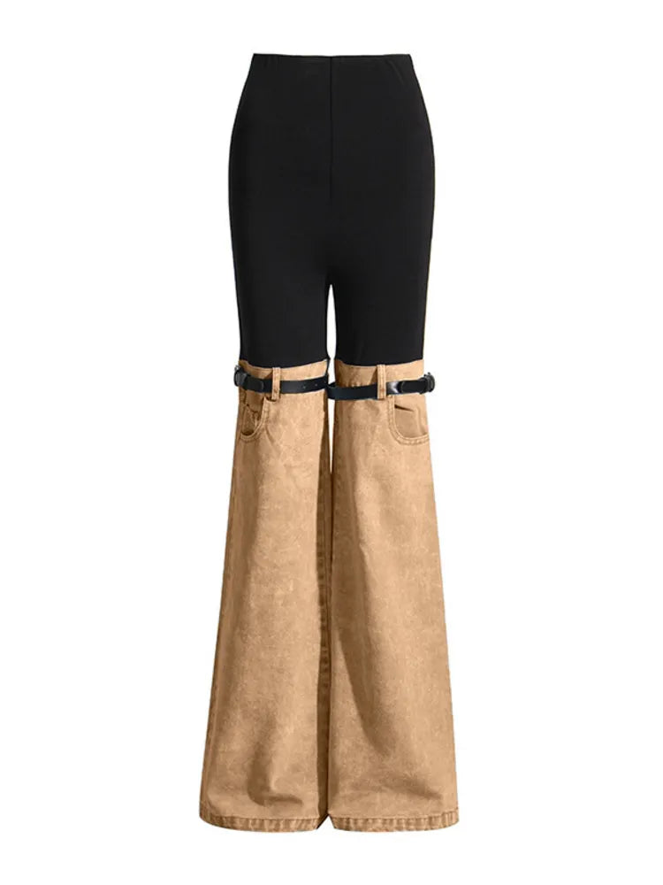 DEAT Fashion Women's High Waist Straight Leg Jeans with PU Leather Patchwork & Buckle Details - Trendy Streetwear Denim Pants for Spring 2023 | Perfect for Casual Outings, Parties and Everyday Wear