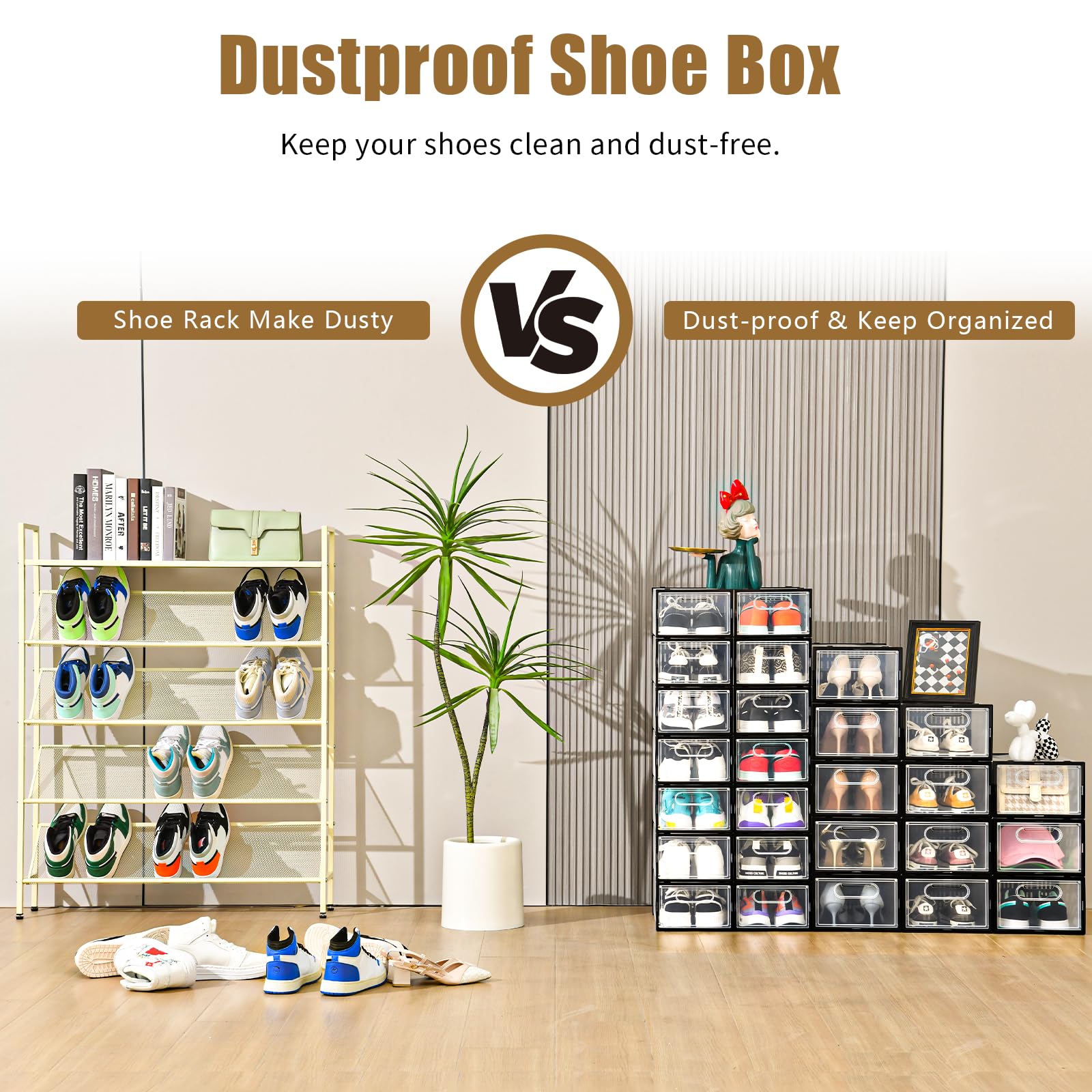 Clemate 15 Pack Clear Plastic Stackable Shoe Storage Boxes with Magnetic Door - Foldable Shoe Organizer for Closet, Sneaker Display Case, Shoe Rack Container for Bedroom, Entryway & Dorm Organization