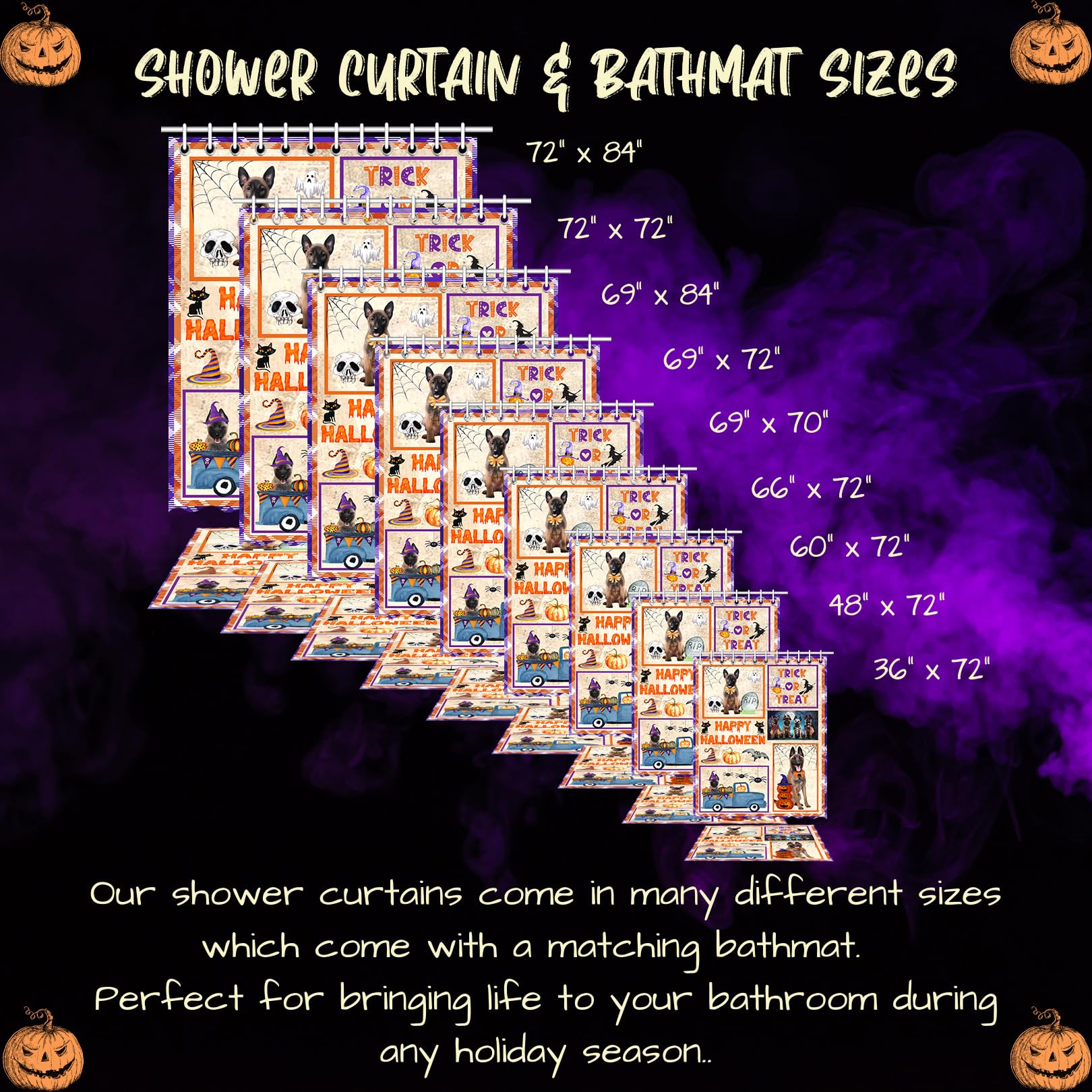 Halloween Trick or Treat Belgian Malinois Dog Bath Mat & Shower Curtain Set - Non-Slip Bathroom Decor, Plush Rug & Polyester Bathtub Curtain with Hooks (Mat 20