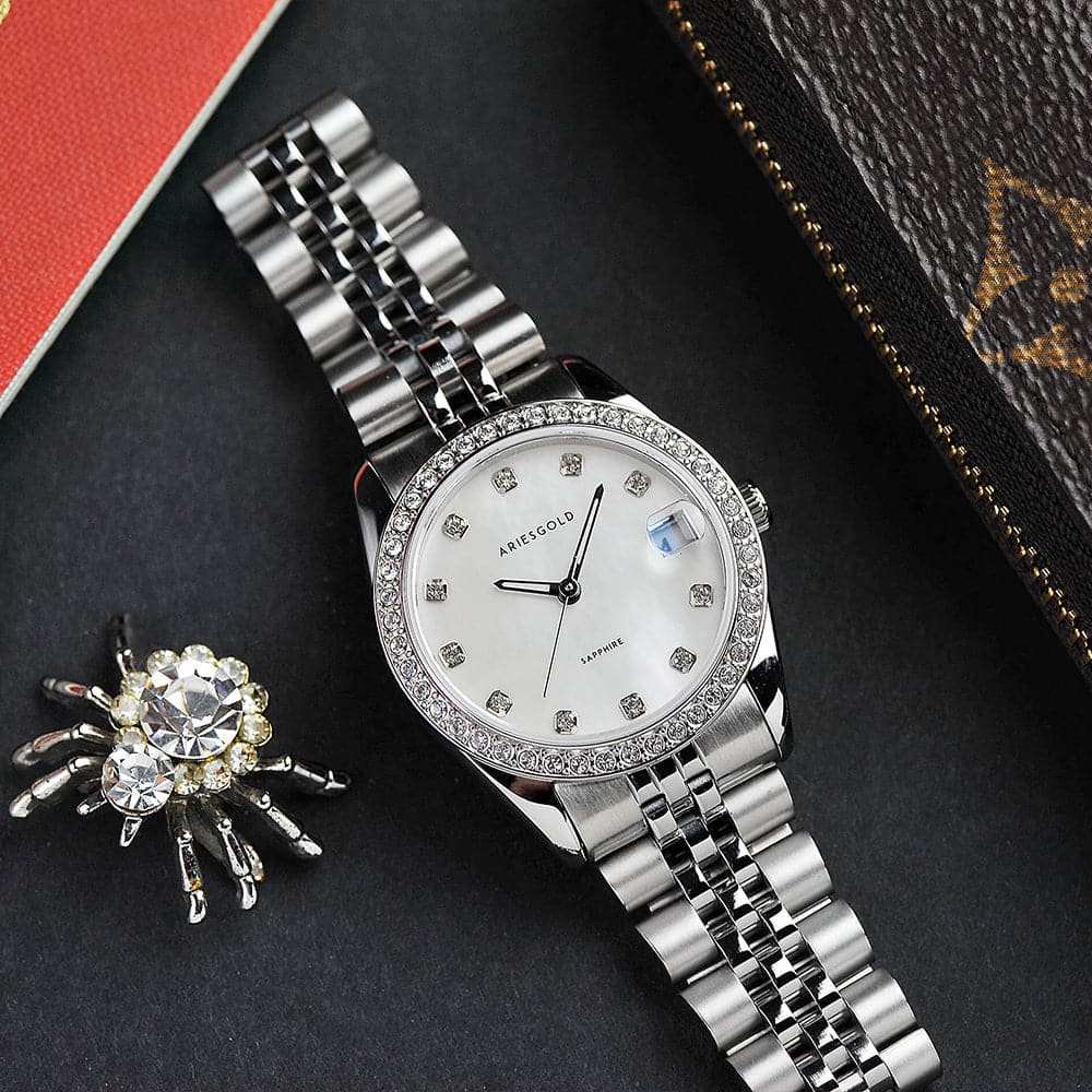 Aries Gold White Dial Silver Stainless Steel Women's Watch - Elegant Fashion Timepiece for Women | Perfect for Office, Party & Everyday Wear (Model L 1070 SDIA MP)