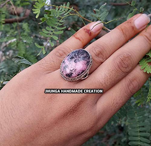 Rhodonite Ring for Women - Vintage Bohemian Sterling Silver Healing Crystal Jewelry | Bridesmaid Gift, Promise Ring, Engagement Ring, Statement Jewelry | Perfect for Hippie Style, Boho Weddings & Spiritual Healing