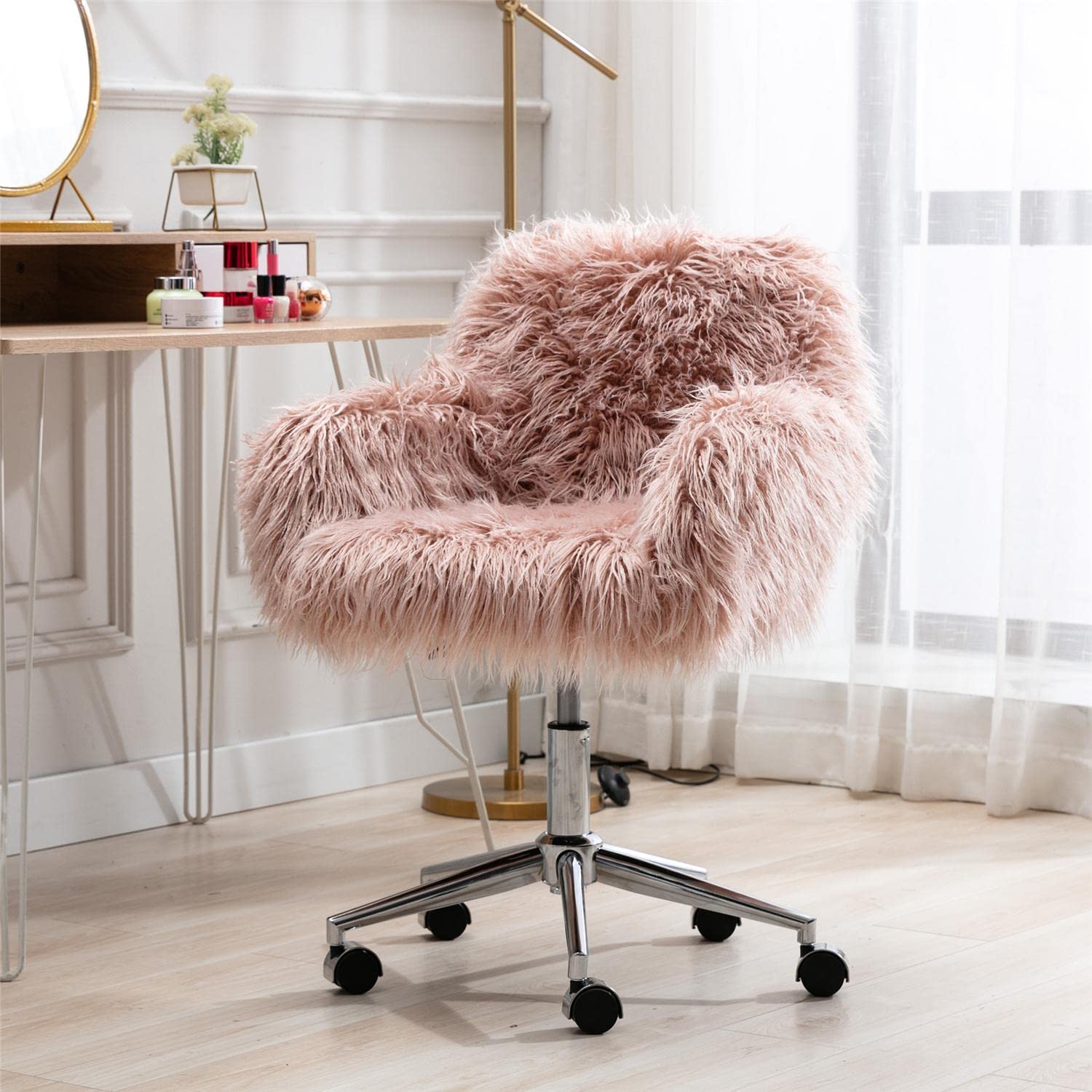 **Pink Fluffy Desk Chair for Girls - Modern Faux Fur Office Chair with Wheels, Height Adjustable Swivel Vanity Chair for Bedroom, Living Room & Makeup Station - Soft Accent Chair for Study, Gaming & Home Decor**