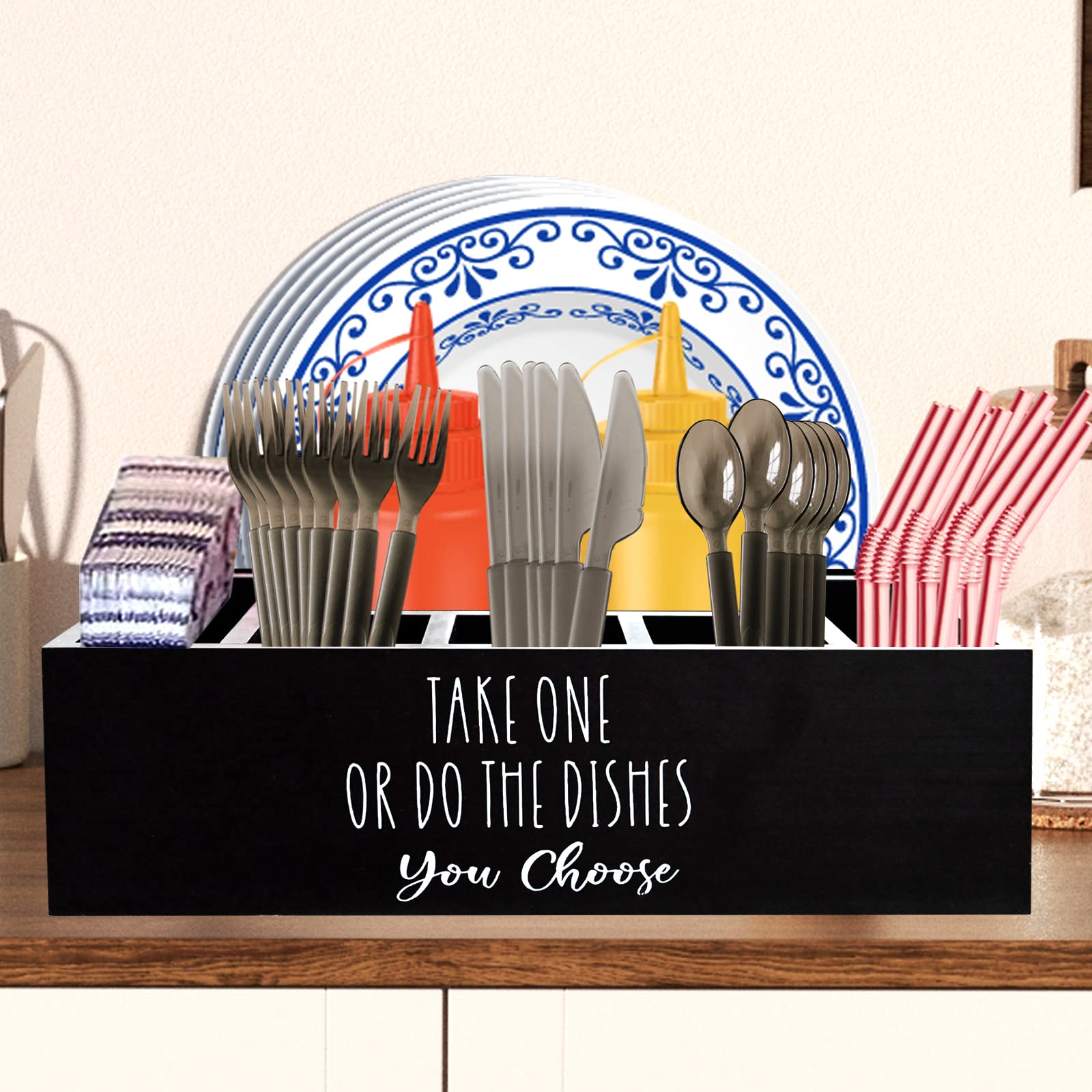 Disposable Plastic Utensil Organizer - Black Party Serving Caddy for Spoon, Fork, Knife, Cup & Napkin Storage | Portable Kitchen Counter & Buffet Organizer | Perfect for Camping, BBQ, Picnics & Events