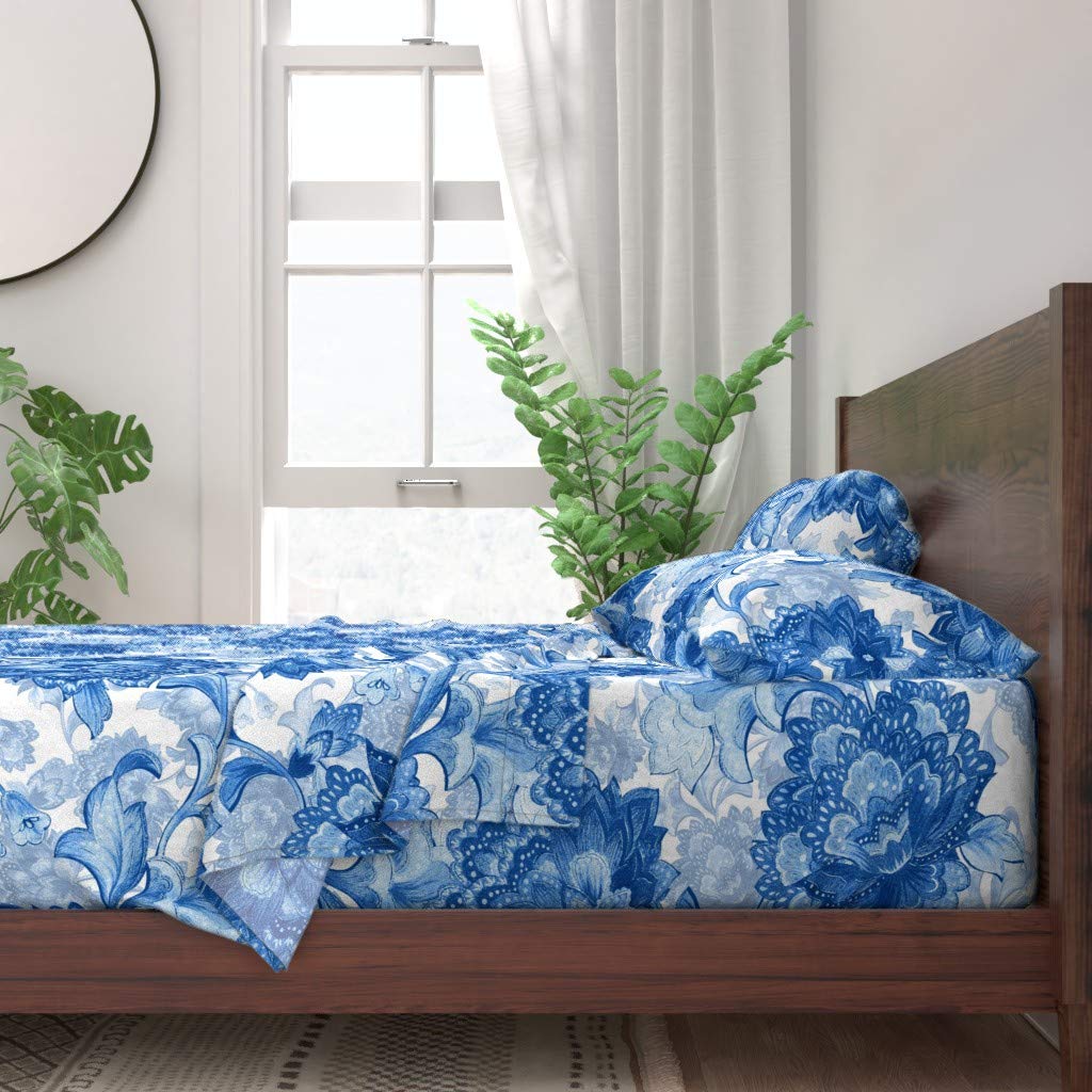 100% Cotton Twin Sheet Set 3pc - Blue & White Chinoiserie Floral Print Bedding | Soft Breathable Luxury Sheets for Bedroom Decor & Guest Room Essentials