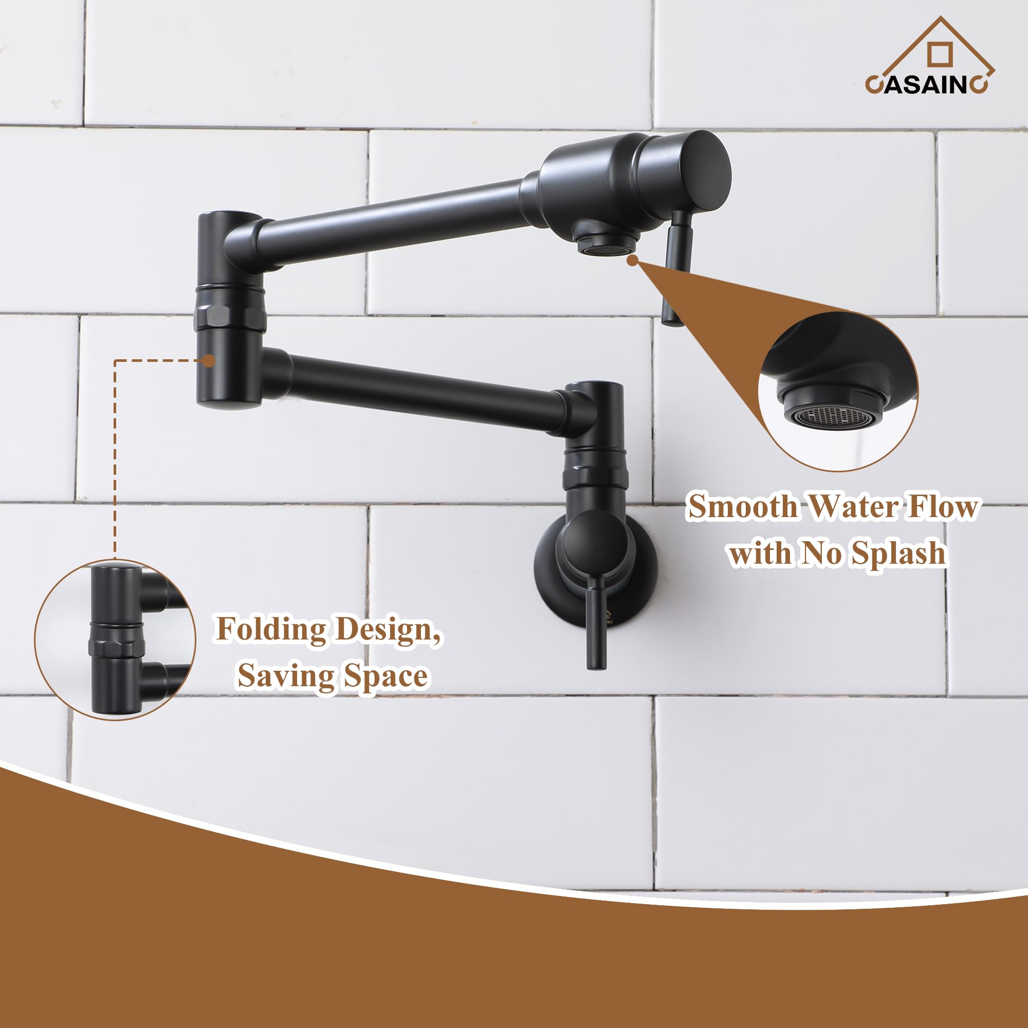 **Premium Matte Black Commercial Wall Mount Pot Filler Faucet - Brass Swing Arm Stove Faucet for Kitchen, Double Joint Folding Design - Ideal for Cooking, Filling Large Pots & Professional Chef Kitchens**