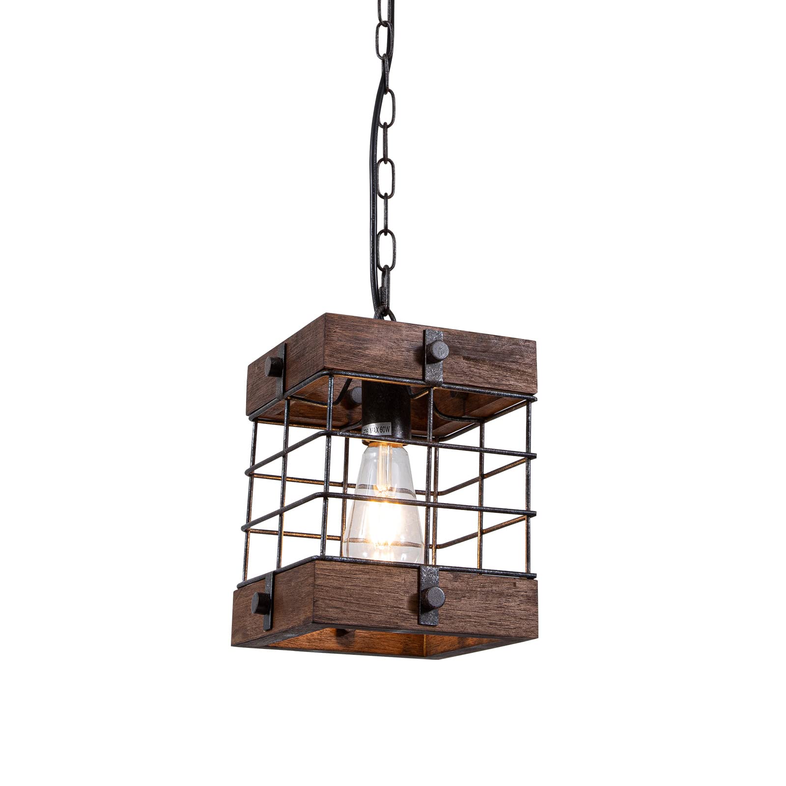 Rustic Farmhouse Chandelier - 1-Light Square Lantern Pendant Light with Adjustable Chain for Kitchen, Dining Room, Bedroom, Entryway | Vintage Industrial Lighting Fixture for Home Decor, Cafe and Restaurant Ambiance