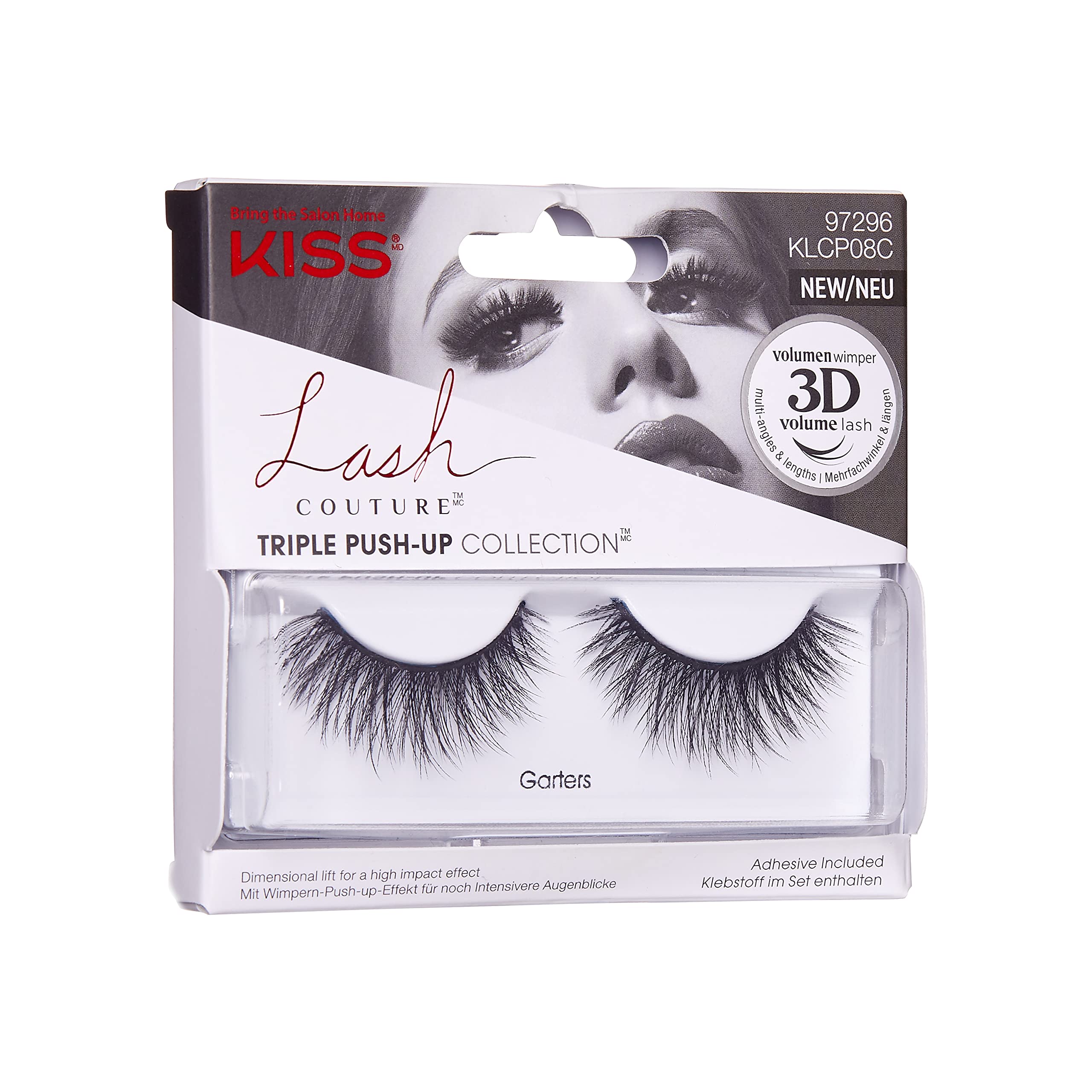 KISS Lash Couture Triple Push Up False Eyelashes - 3D Volume, Cruelty-Free & Reusable Lashes with Lash Glue & Garters - Perfect for Parties, Weddings & Special Occasions