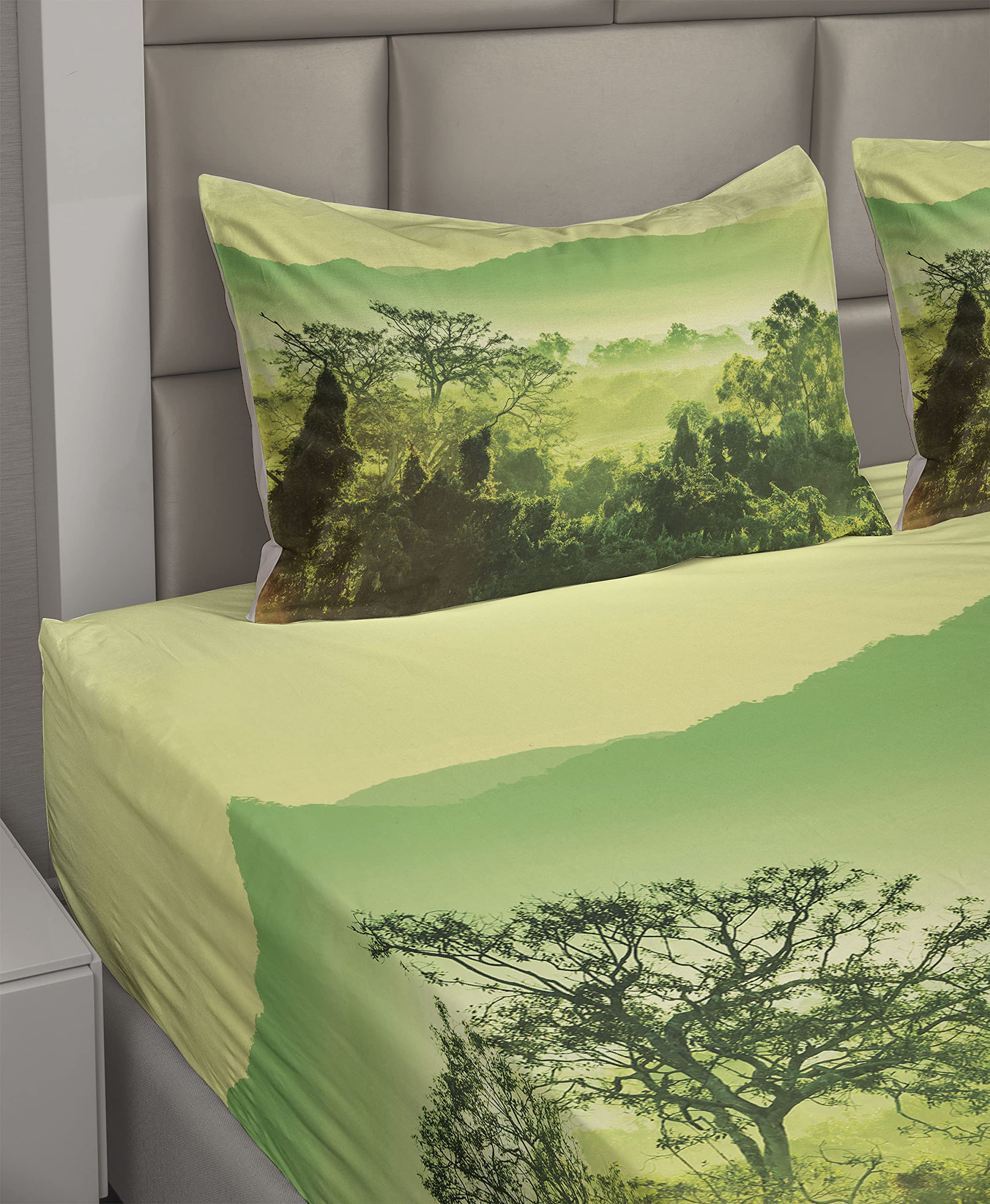 Ambesonne King Size 4-Piece Sheet Set - Green Nature Landscape with Mountains & Trees, Fitted & Flat Sheets + Pillowcases - Lime & Yellow Green Bedding for Master Bedroom, Guest Room, or Vacation Home