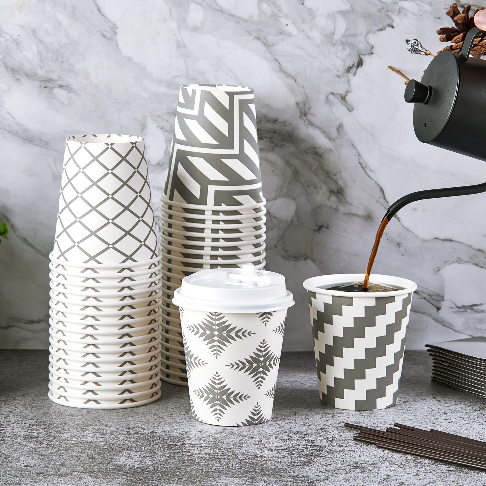 LITOPAK 100 Pack 10 oz Disposable Paper Coffee Cups with Lids, Sleeves & Straws - 4 Stylish Designs for Hot Beverages - Perfect for Home, Office, Coffee Shops, Cafes, and Takeout Services | Ideal for Morning Coffee, Tea Parties, and On-the-Go Drinks