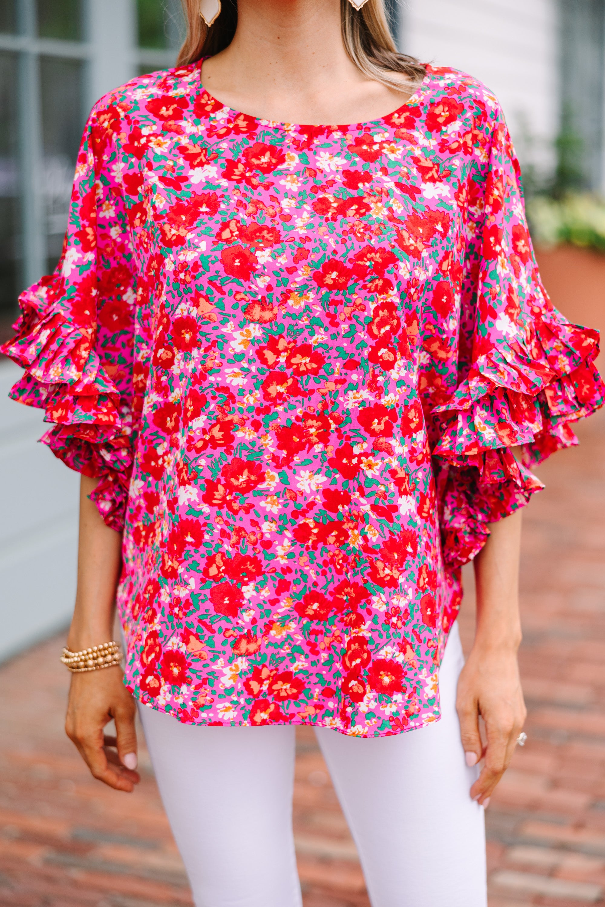 Hot Pink Floral Blouse for Women - Elegant Flowy Tops for Spring & Summer - Perfect for Date Night, Office Wear & Casual Outings