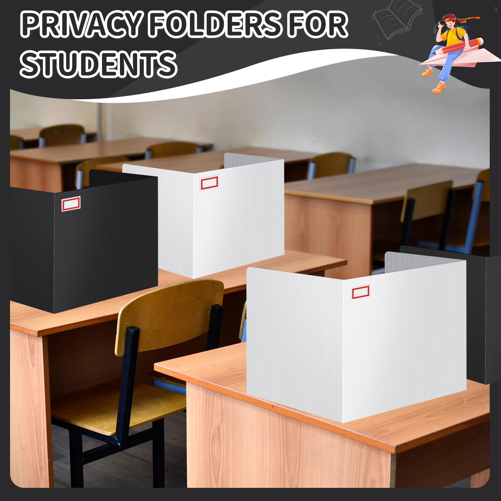 12 Pack Black & White Plastic Desk Dividers for Students - Privacy Folders & Classroom Test Partitions - Trifold School Supplies for Teachers & Students - Perfect for Exams, Study Sessions & Quiet Work Areas