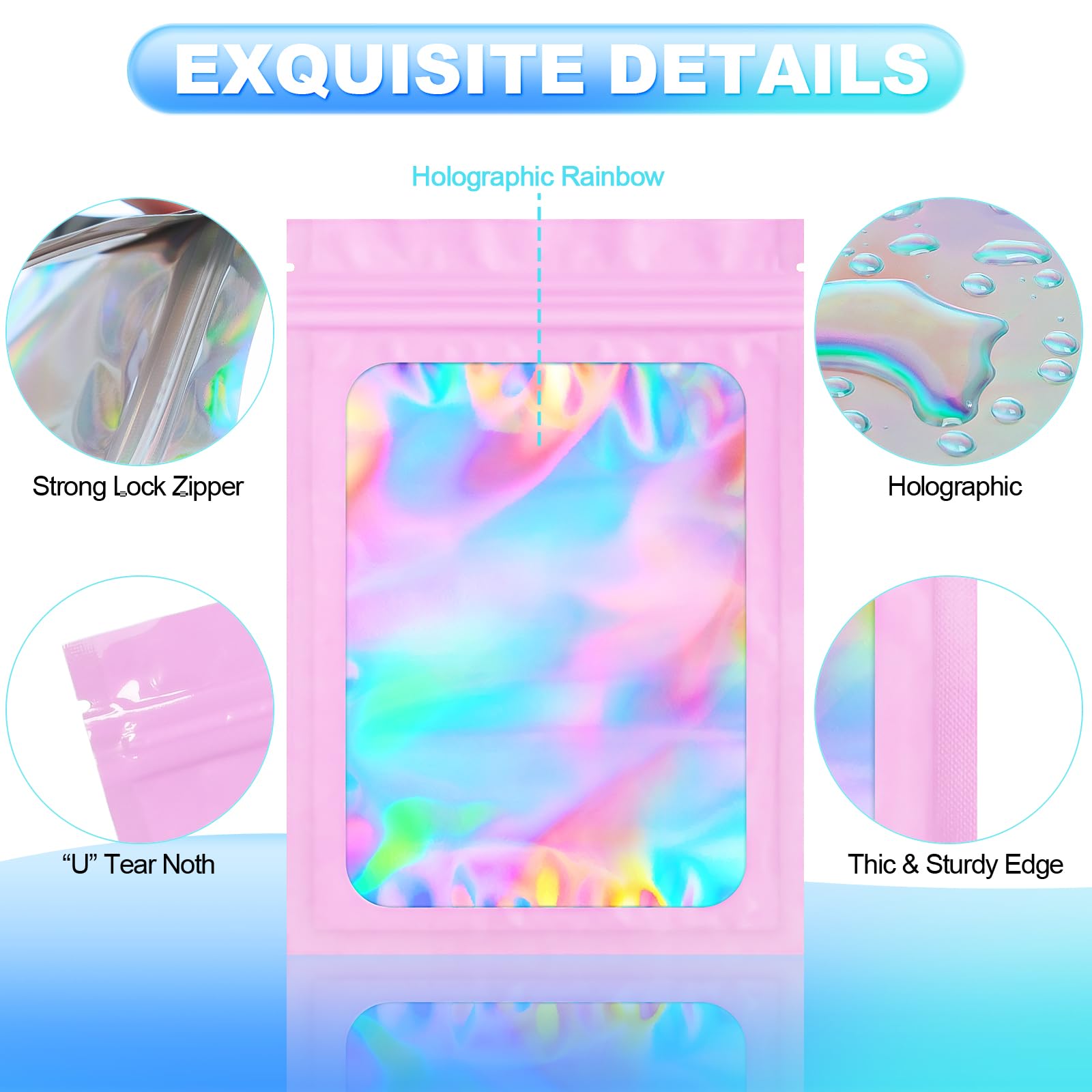 100-Pack Smell Proof Mylar Bags - Resealable Holographic Storage Pouch with Clear Window for Food, Eyelashes, Jewelry & Electronics (Pink, 2.8