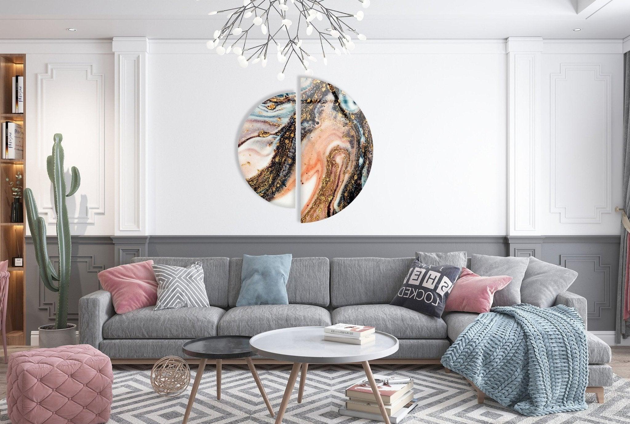 2 Piece Golden Fractal Glass Wall Art Set - Modern Abstract Geometric Decor for Living Room, Bedroom & Office - Handmade 3D Glass Panel Artwork for Home & Wall Decor