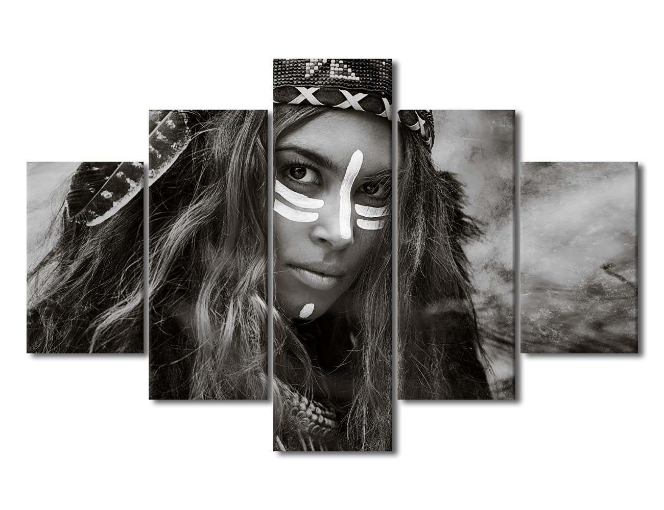 Black and White Native American Woman Hunter Wall Art - 5 Piece Canvas Prints Framed Ready to Hang (60
