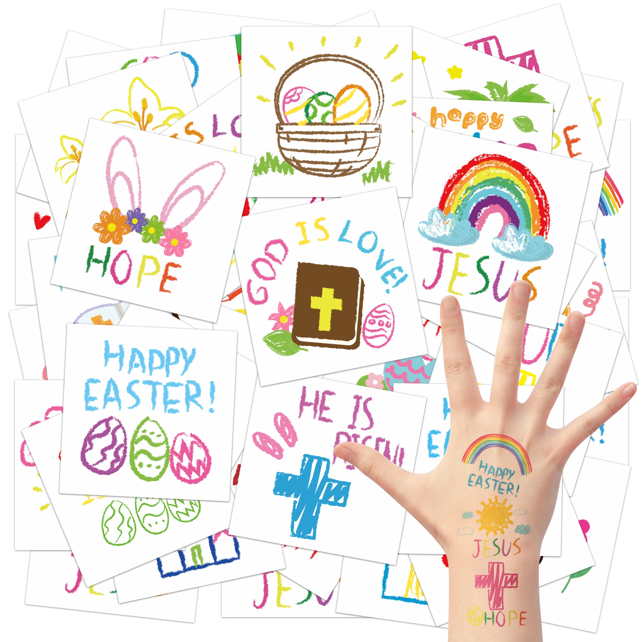 144Pcs Easter Temporary Tattoos for Kids - Bible Easter Egg Chicks Bunny Christian Religious Waterproof Body Stickers (2 Inch) - Non-Toxic Party Favors, School Supplies & Easter Celebration Decorations