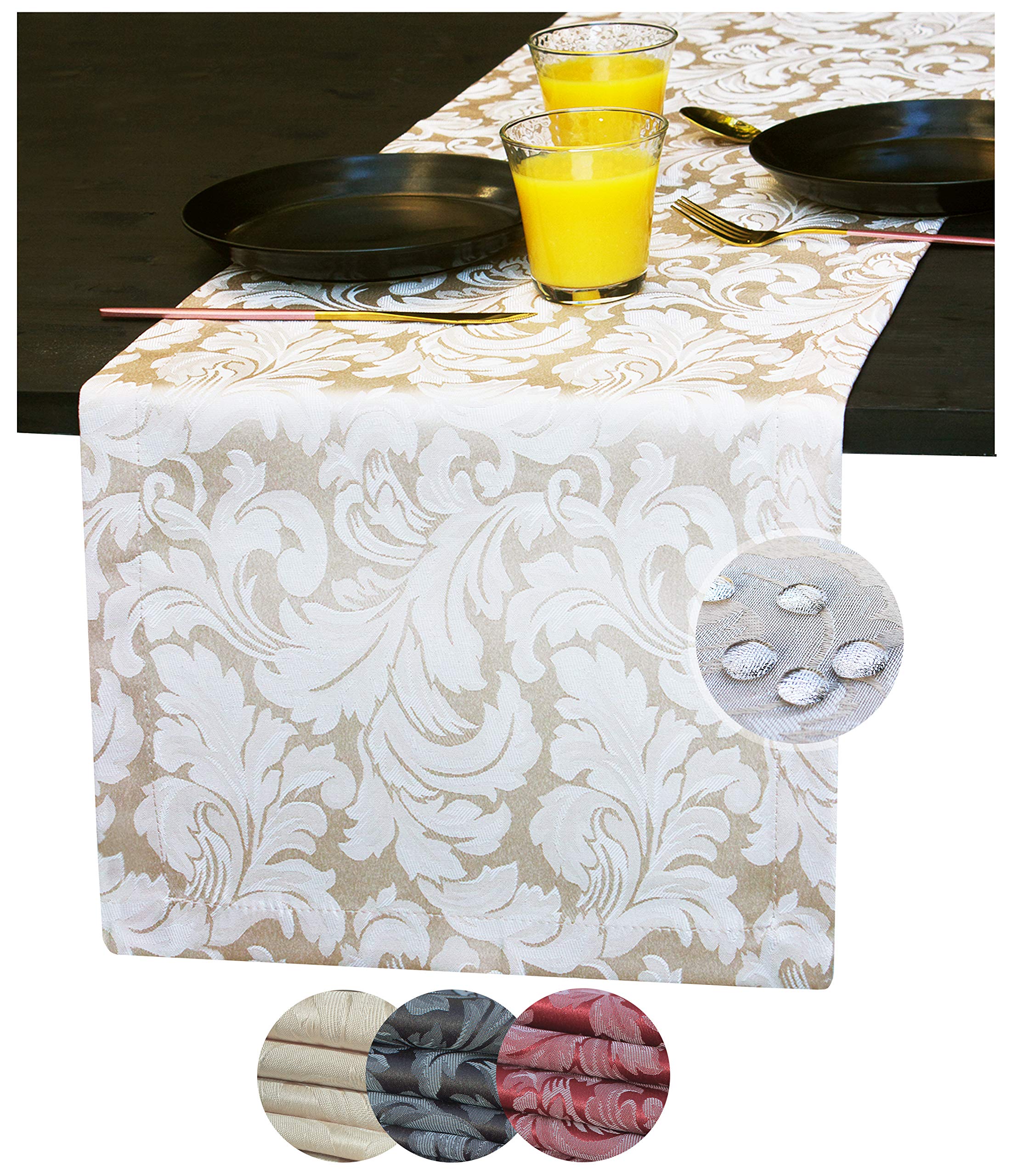 Beige Table Runner 60 Inch - Ivory Jacquard Waterproof Tablecloth for Dining Room, Coffee Table & Outdoor Decor | Luxury Gold Damask Design for Weddings, Parties & Events | Cream Long Decorative Scarf for Home & Special Occasions